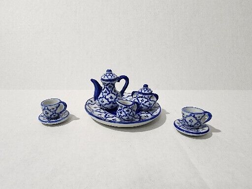 Miniature Tea Set Of 10 Piece Blue &  White Ceramic Made in Thailand 