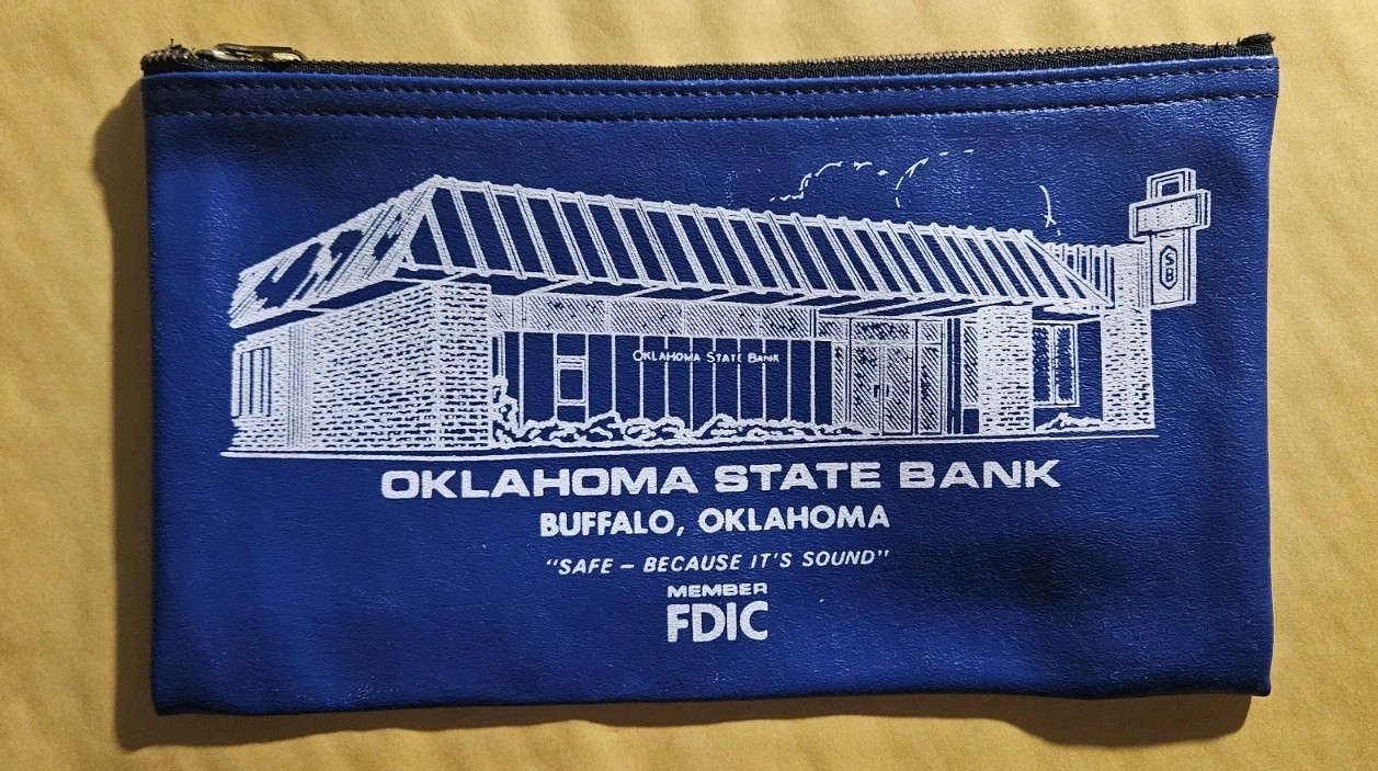 Vintage Oklahoma State Bank Buffalo OK Zipper Deposit Money Bag FDIC Blue Pouch