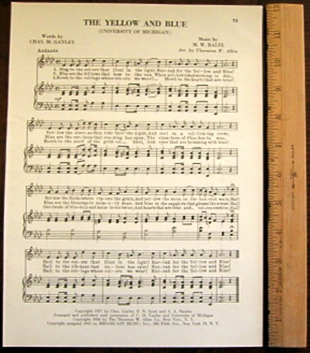 UNIVERSITY OF MICHIGAN Original Vintage Song Sheet c1953 