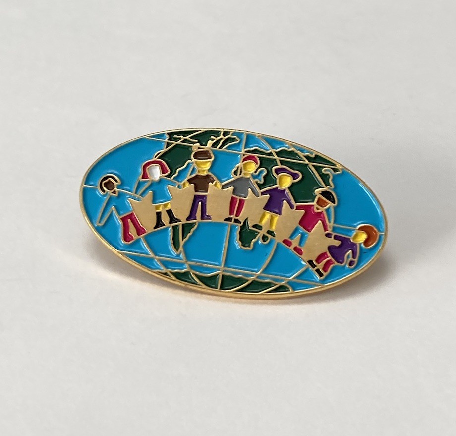 Vintage Kids Of The World United Enamel Pin Kids Holding Hands Over Planet Earth