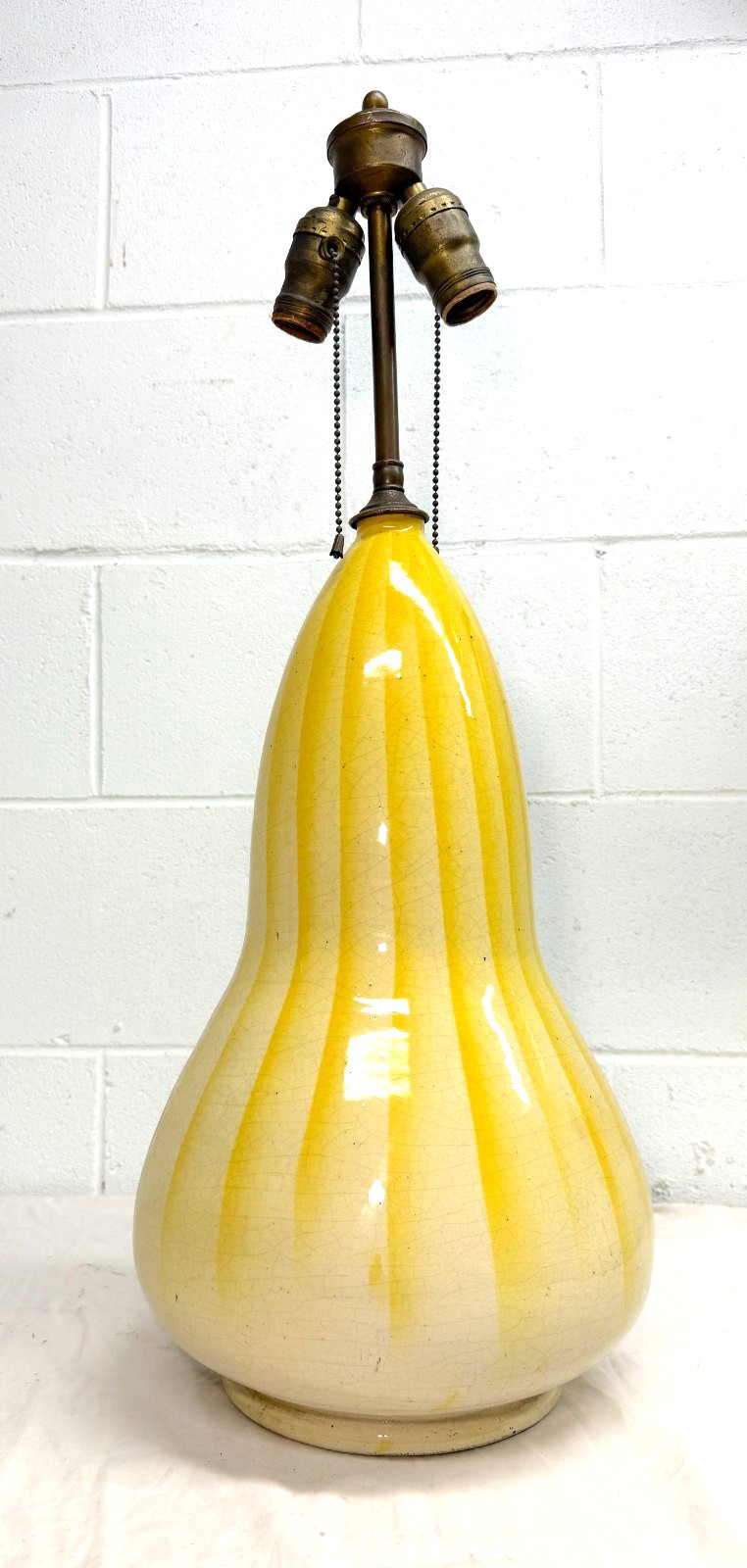 LARGE antique French yellow brass gourd shaped pottery electric table lamp light