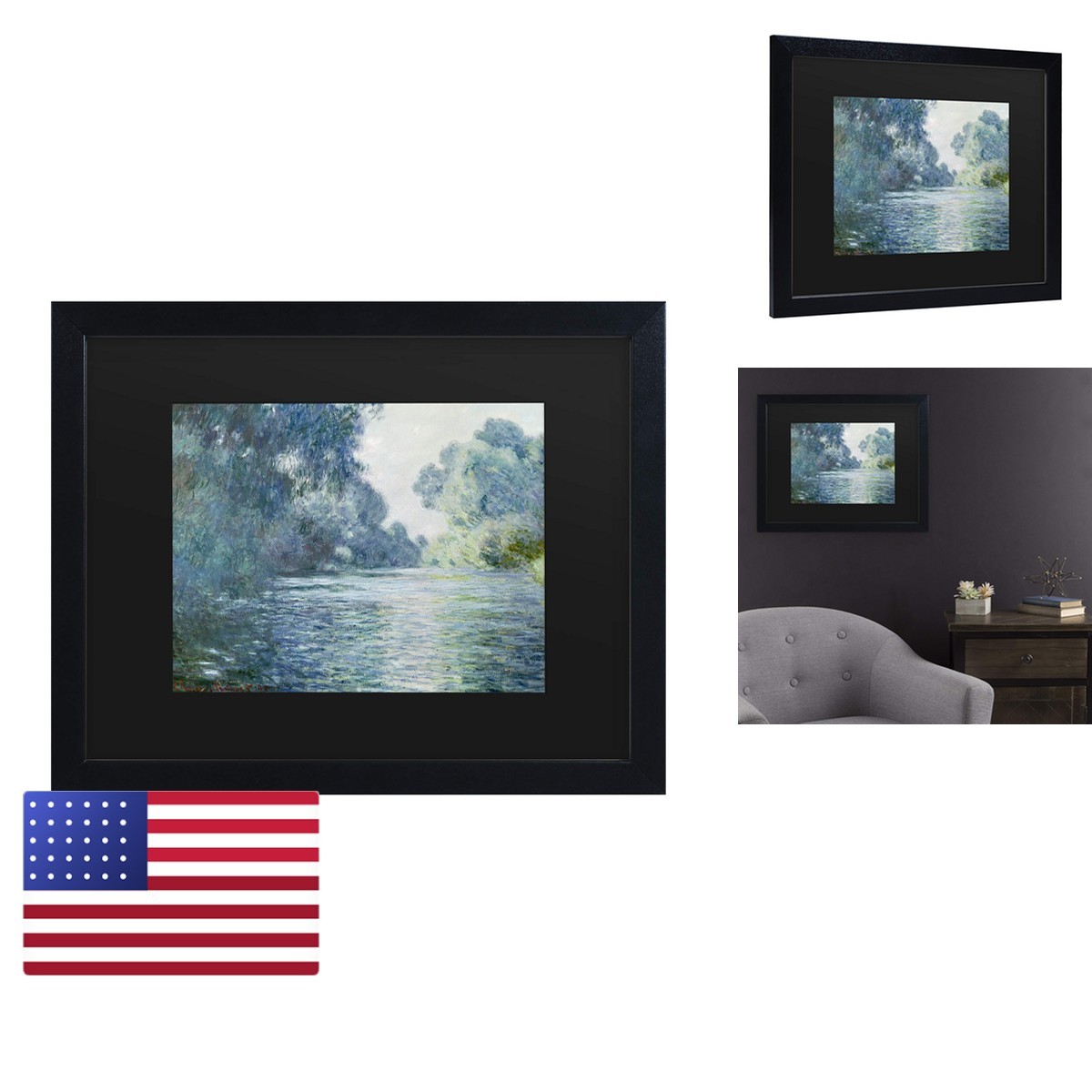 Trademark Fine Art Claude Monet Branch of the Seine Near Giverny 16x20 Black