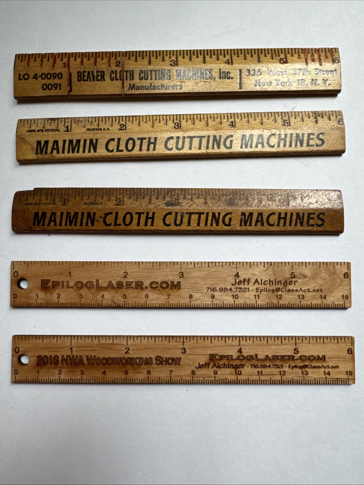 Lot of Five Vintage 6” Tailor Wooden Rulers With Advertising