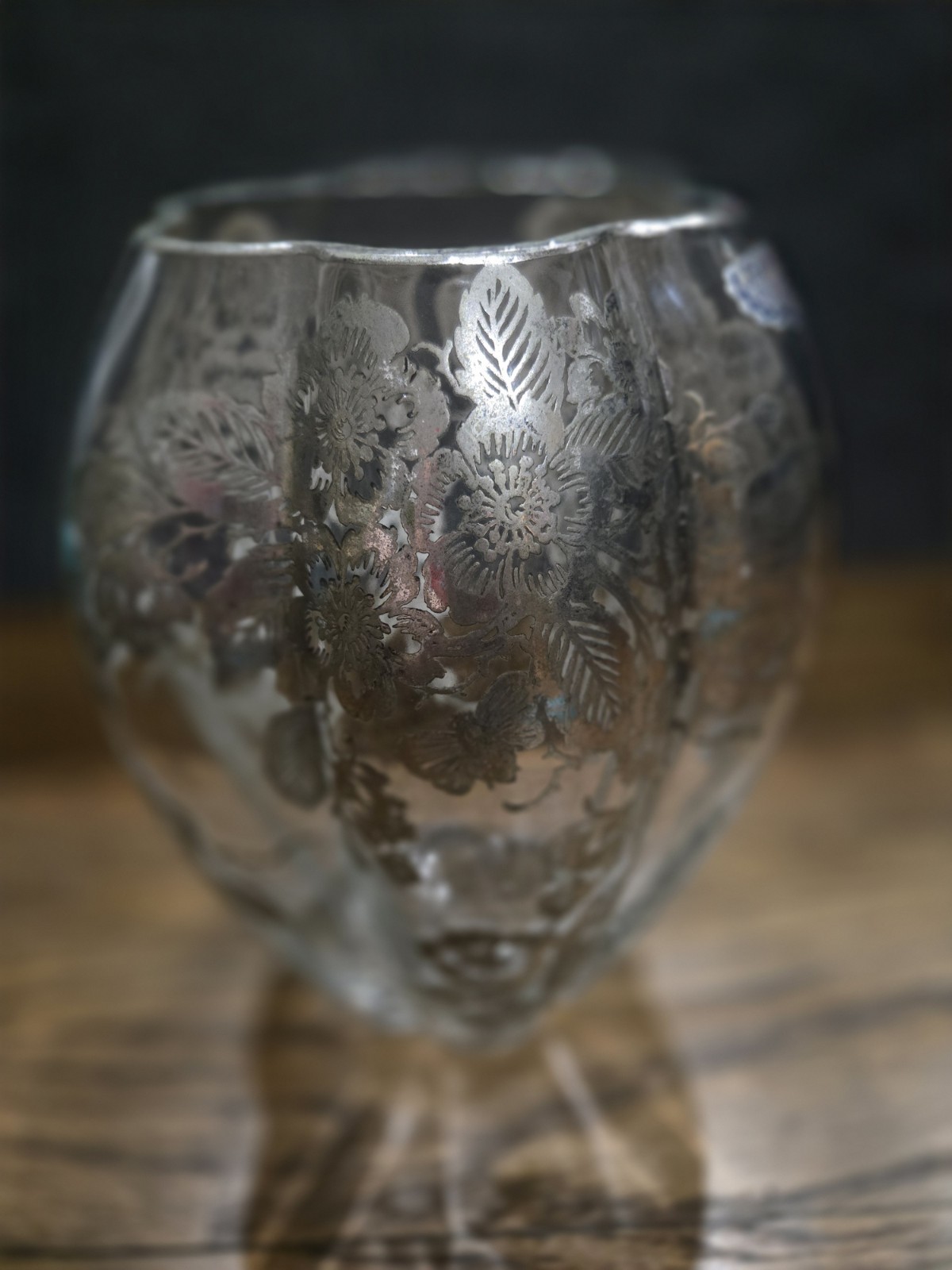 Antique Fostoria Clear Glass Pillow Vase Sterling Silver Overlay Flowers 