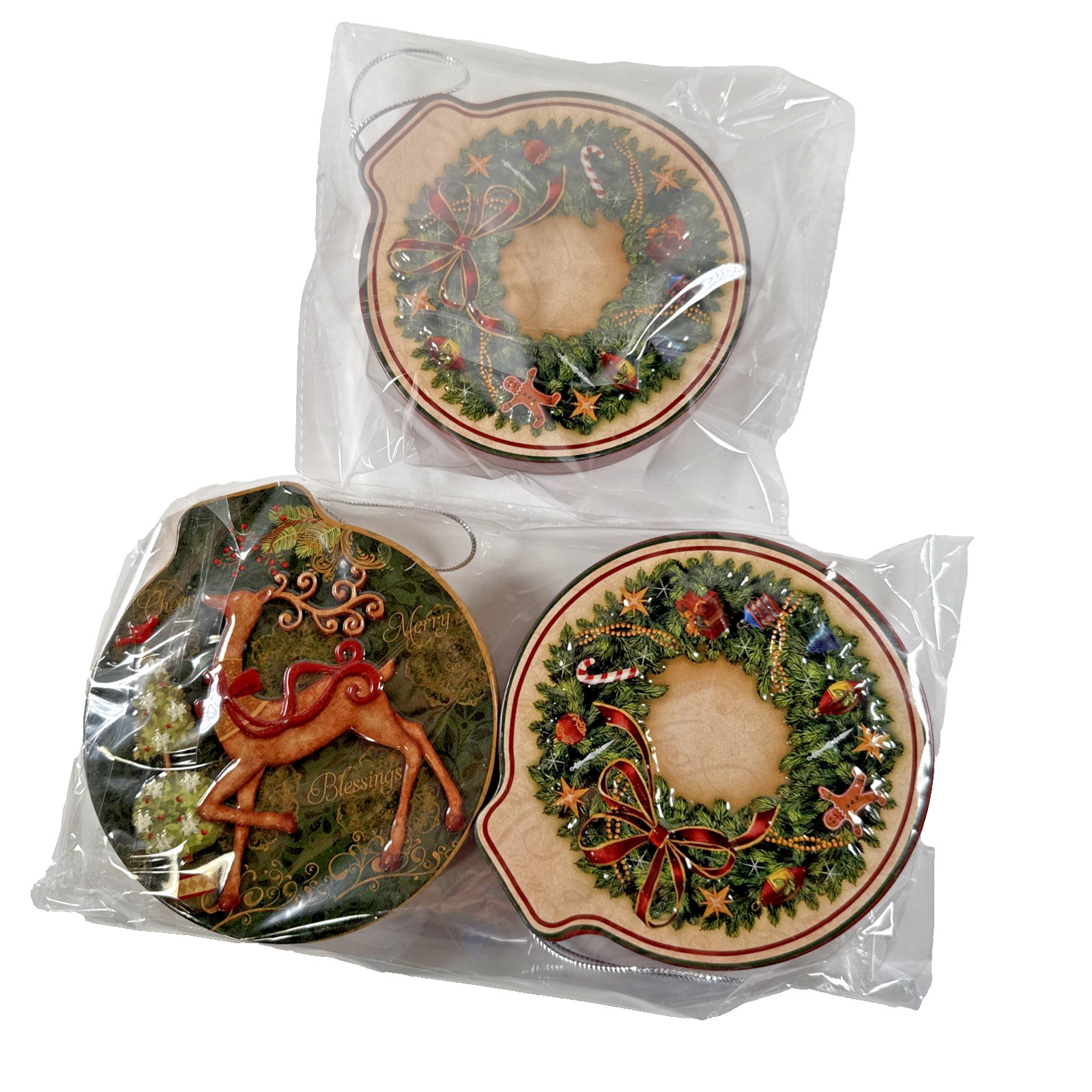 NEW Vtg 3x Old World Theme Christmas Tin Hanging 4