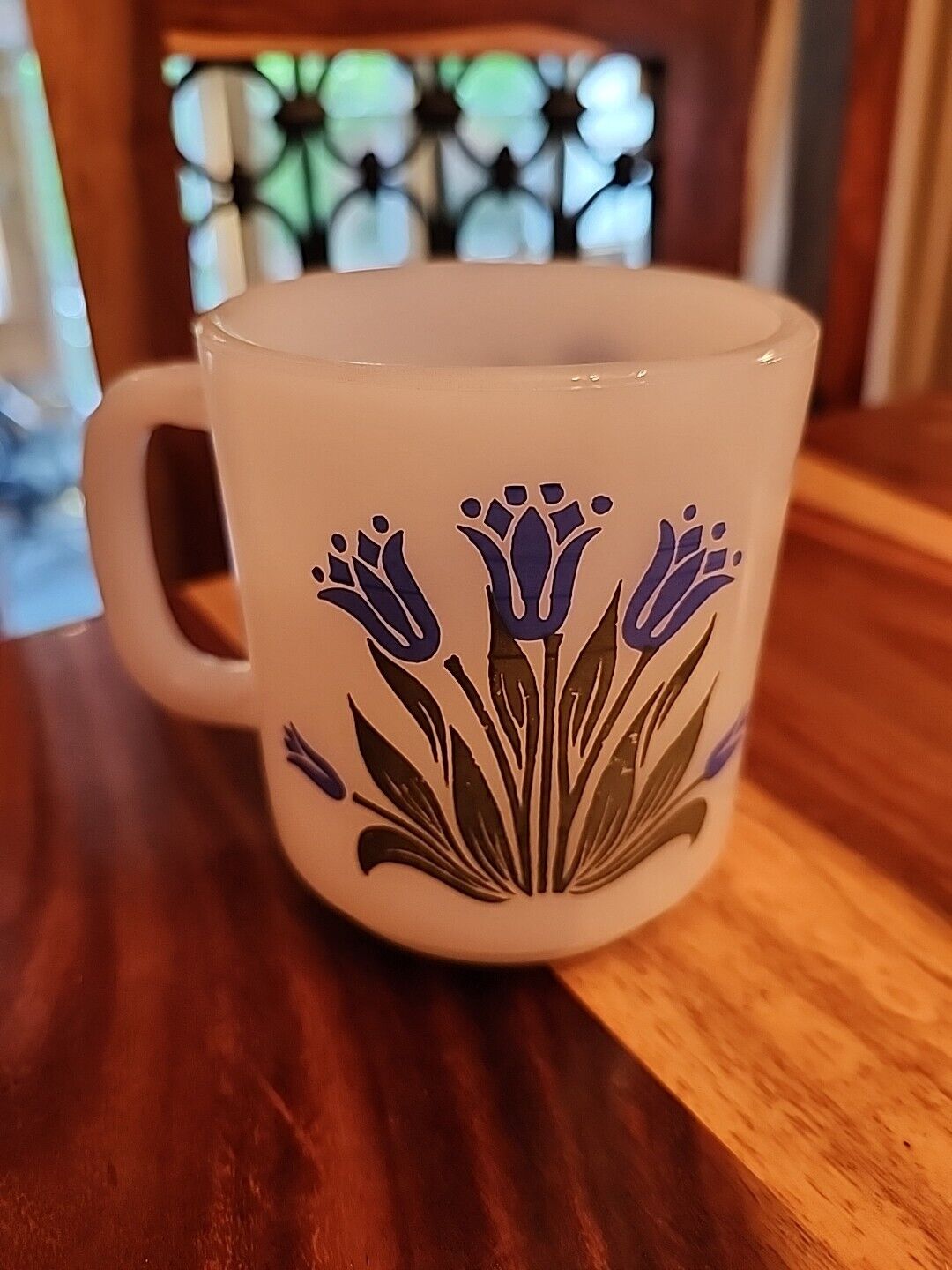 Glasbake McKee Blue Tulip Mug, White Milk Glass, Vintage, Double Sided