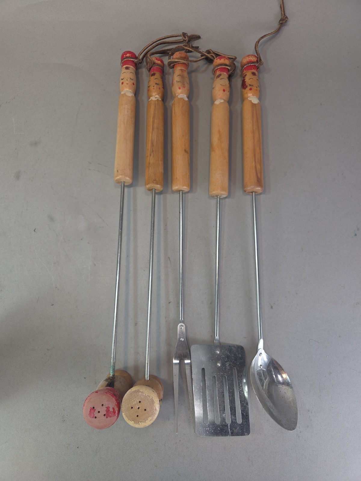 Vintage 50s BBQ Grill Tool Utensil Set Painted Faces Japan Long Salt & Pepper