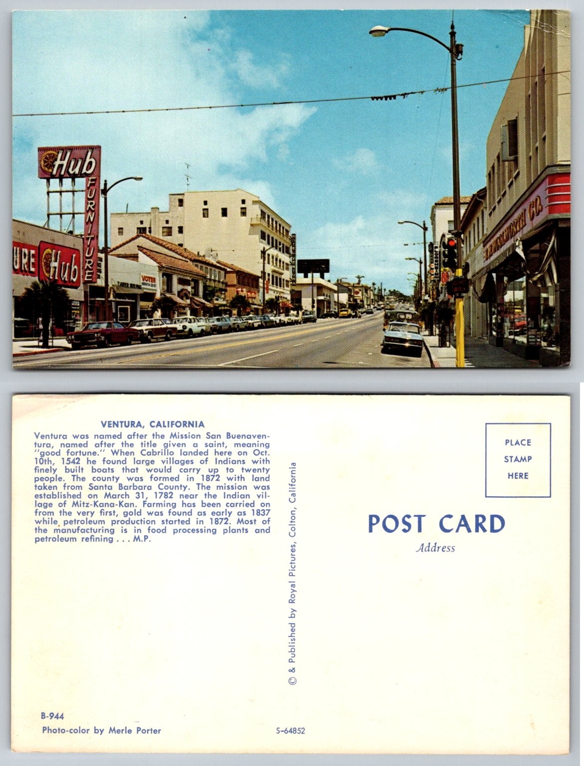 Vintage Ventura CA Downtown Main Street Hub Furniture Chrome Postcard