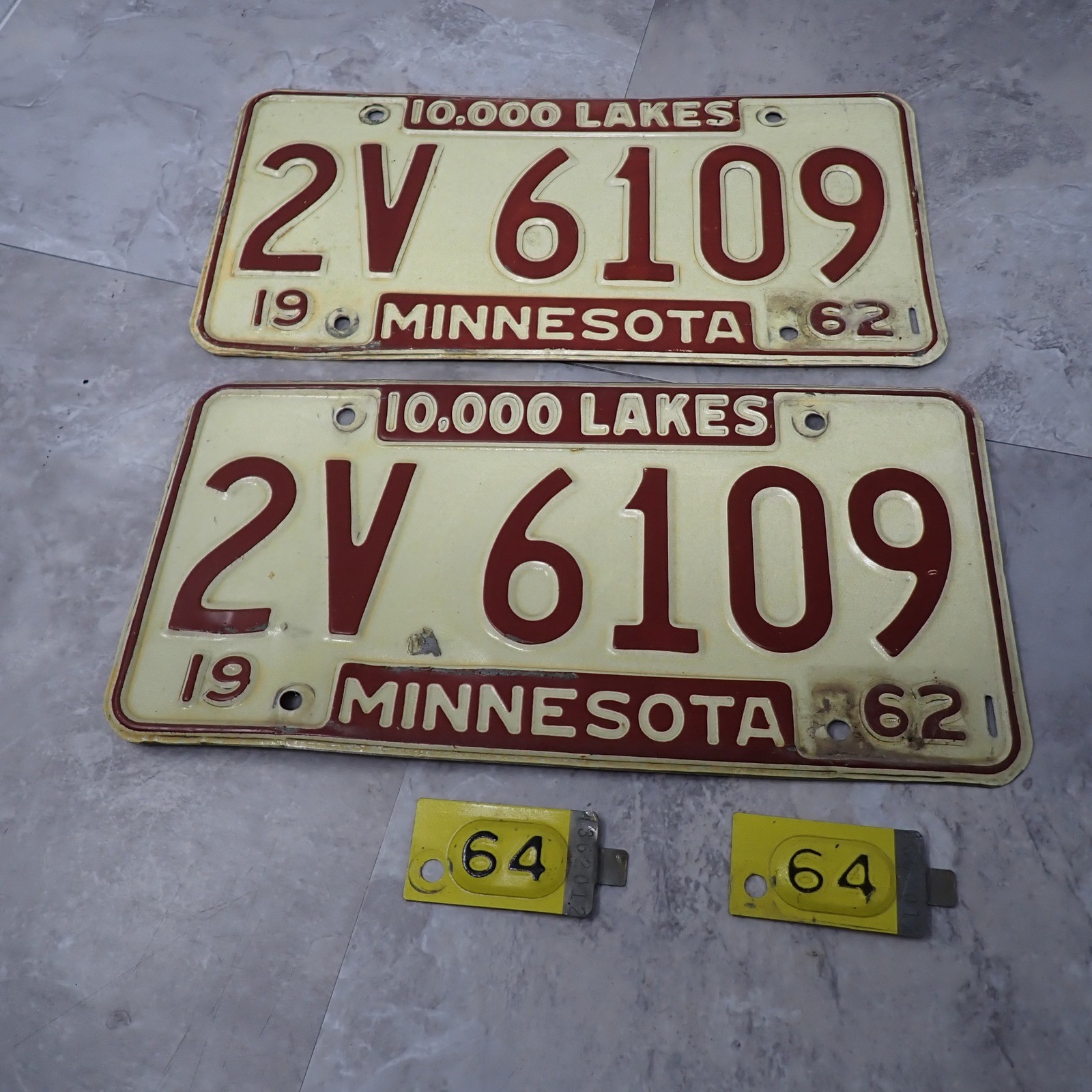 Vintage 1962 Minnesota License Plates Pair 10000 Lakes 2V 6109 with 1964 Tabs