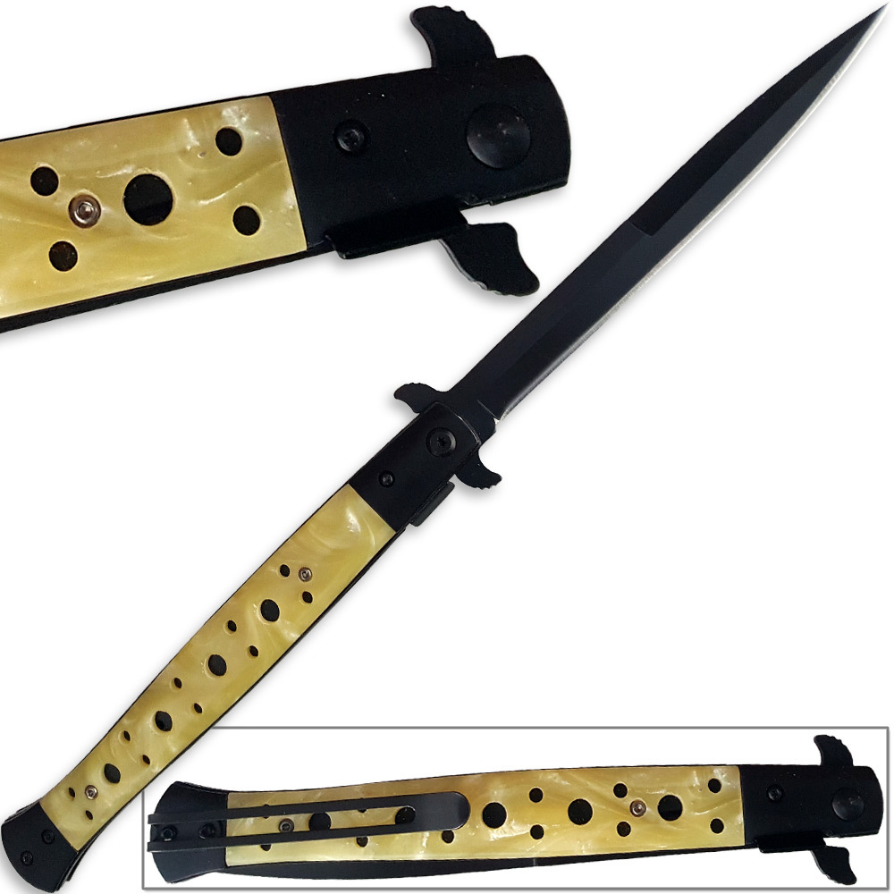 Great Godfather Style Knife MASSIVE 13.25in Easy Opening Beige Pearl Handle