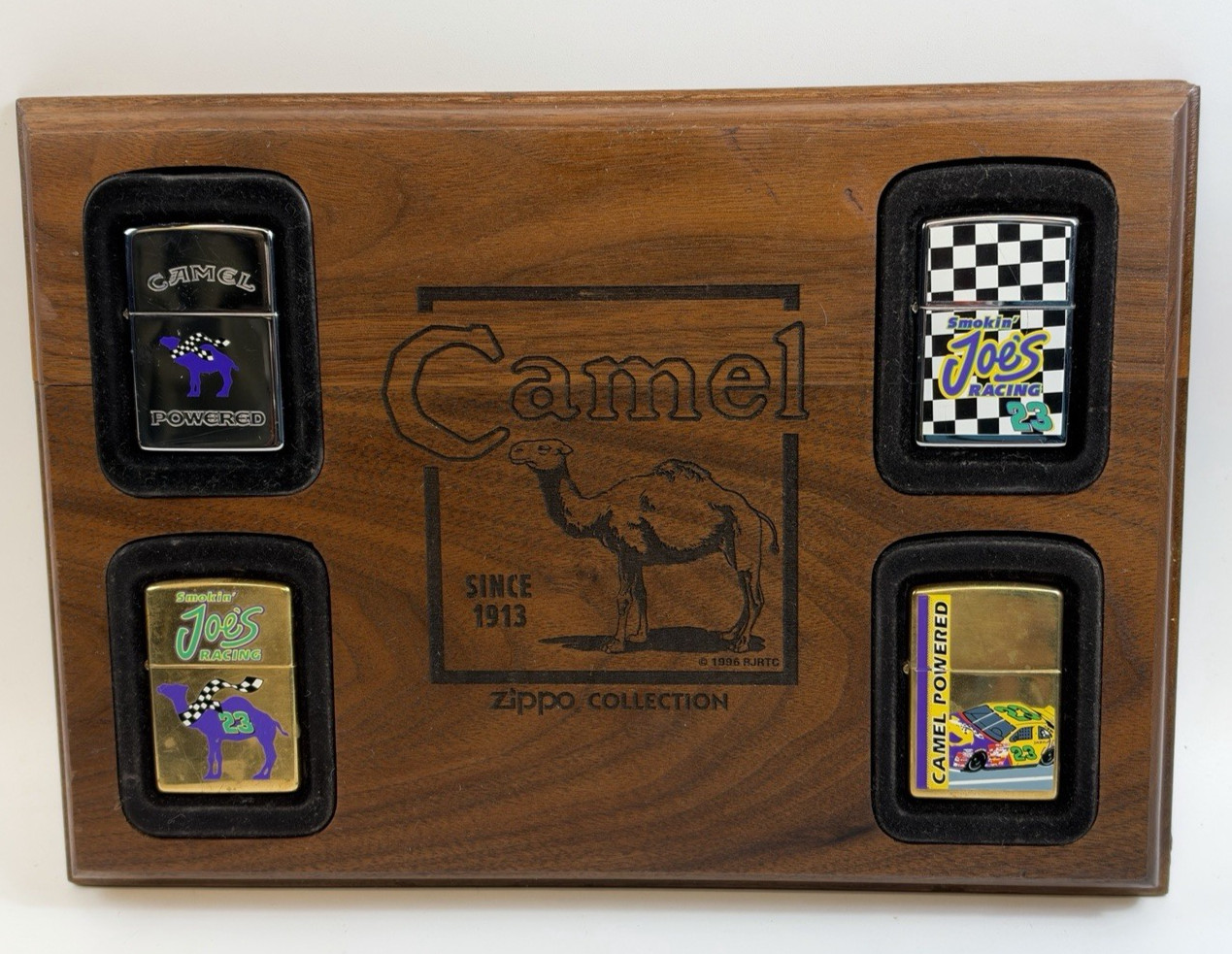 VTG 1997 Camel Smokin Joes Racing Zippo Lighter Set (4) Wood Plaque Unfired Read