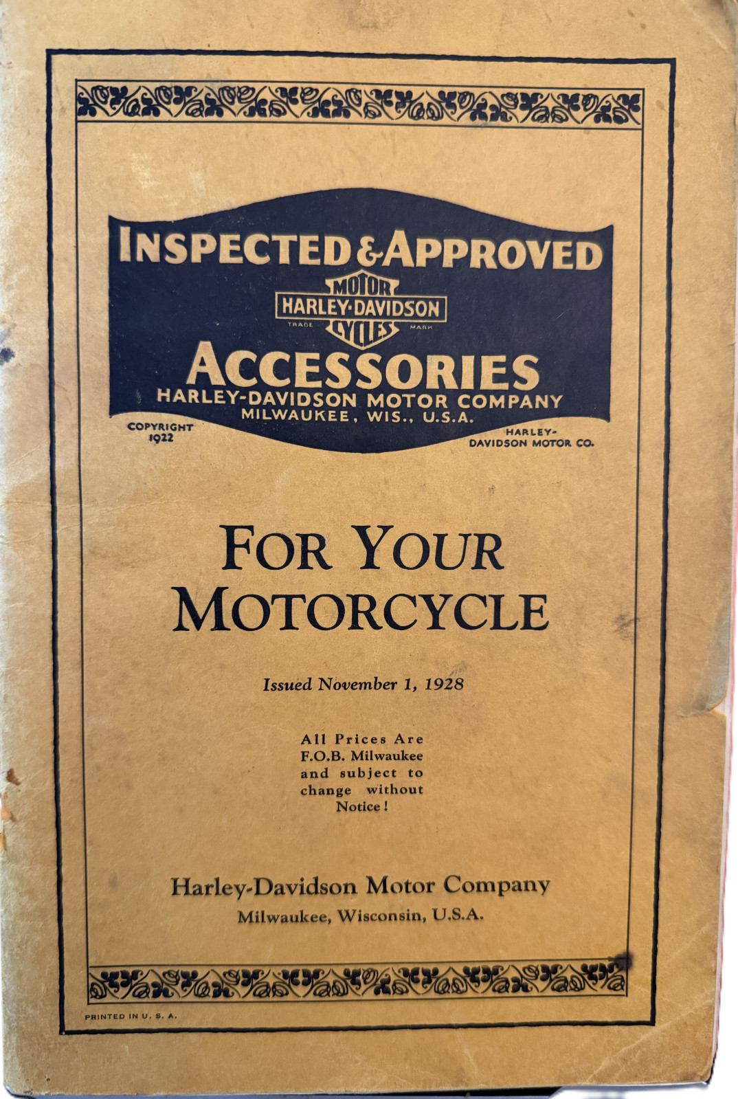 1928 Harley-Davidson Inspected & Approved Dealer Booklet – Original Factory Lite