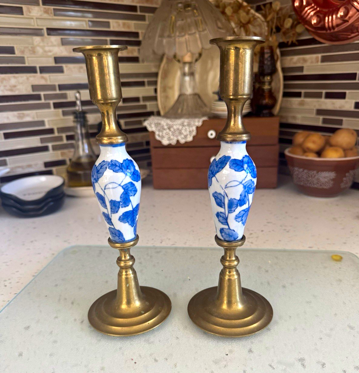 Pair Brass & Blue/White Floral Porcelain Taper Candle Holders Candlesticks