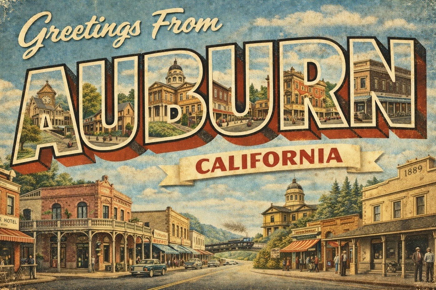 Greetings from Auburn, California Modern Vintage Postcard Large Letter D276