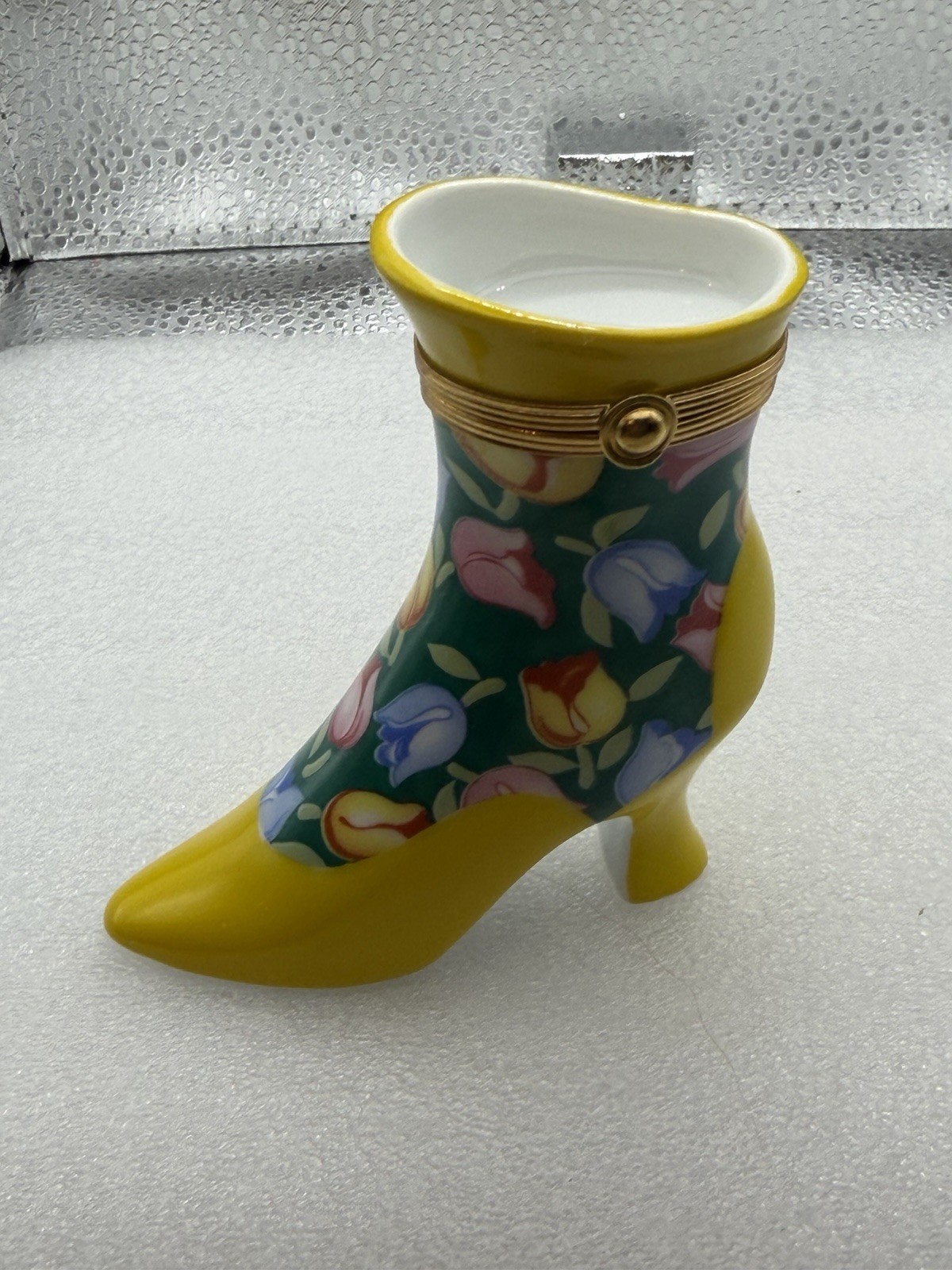 Vintage Fait Main Limoges Porcelain Hinged Boot Trinket Clasp Close Yellow Green