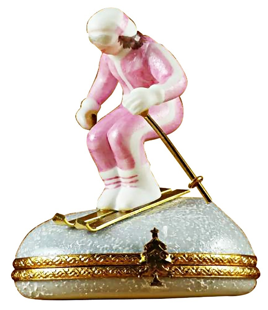 Rochard Limoges Skier on Mountain Woman Porcelain Trinket Box