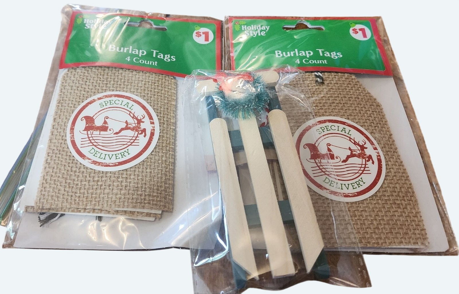 2 Holiday Style Special Delivery Burlap 4 Ct Tags Packs & 1 Mini Sled Ornament