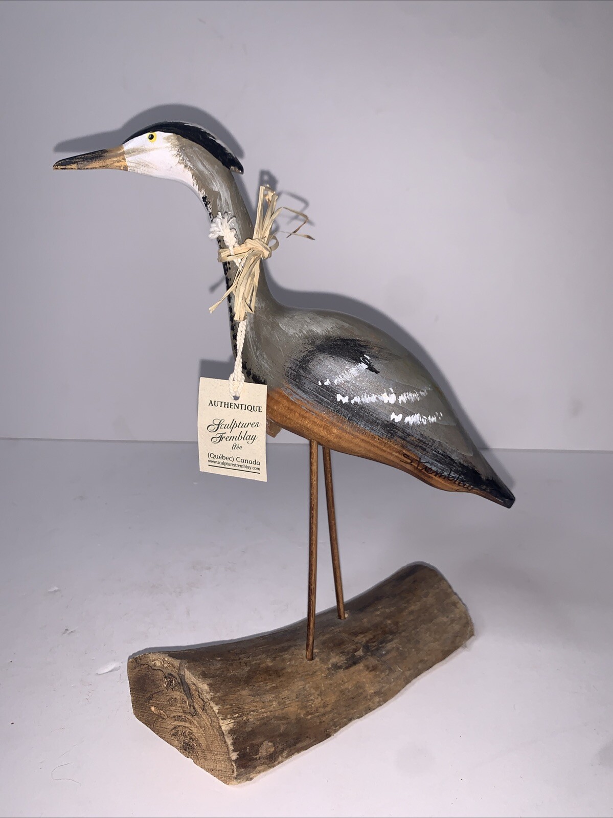 Wooden Heron  Carved Hand-painted Realistic Sculpture Tremblay Canada Signed 9”