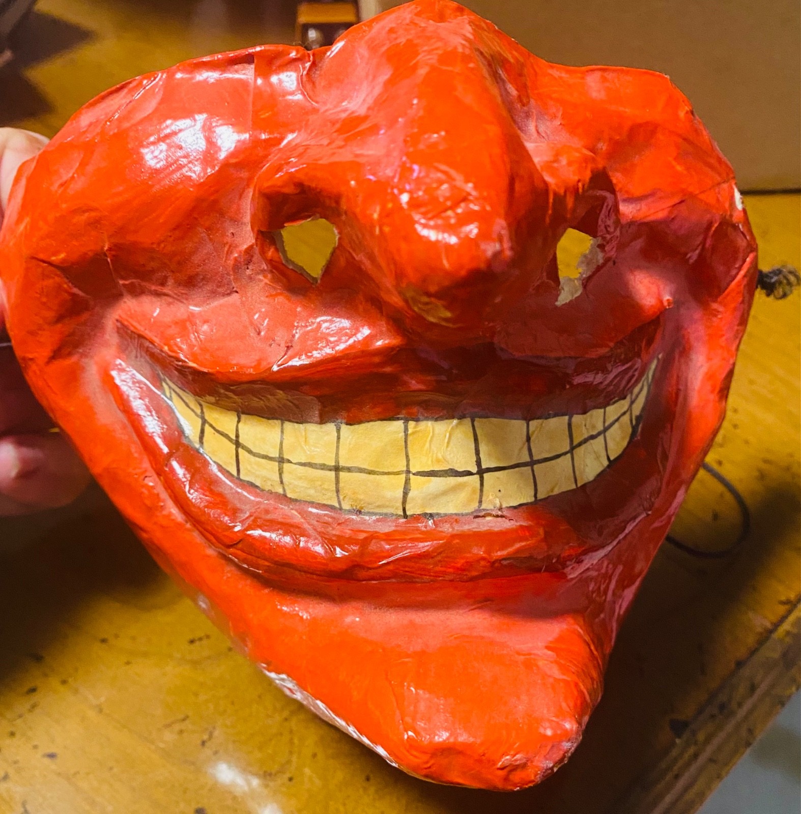 Vtg red papier-mâché Molded Devil W/ A Wide Grin and Yellow Teeth Vtg red papier-mâché Molded Devil W/ A Wide Grin and Yellow Teeth