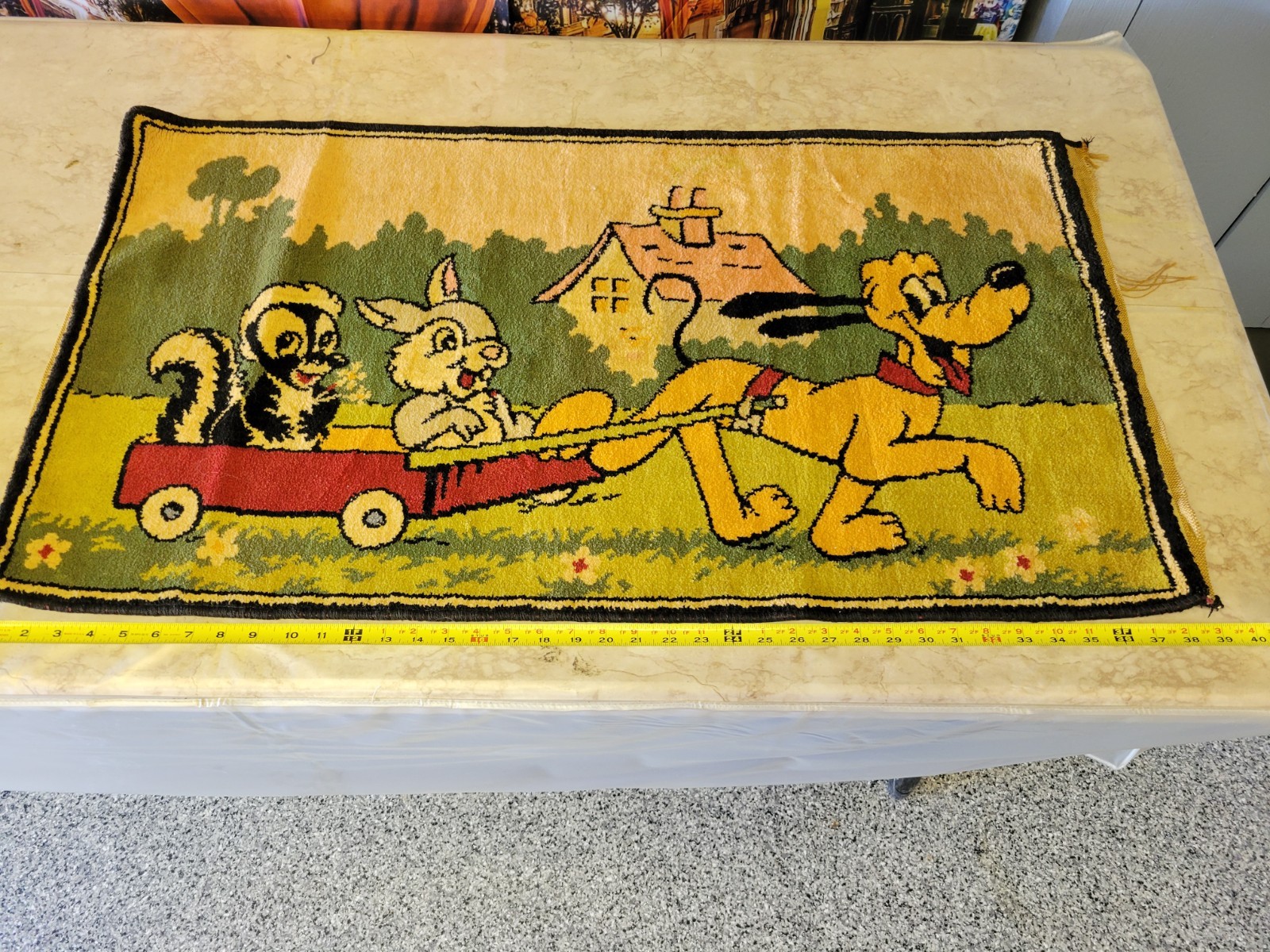 Vintage Disney Pluto Driving Cart w/ Thumper & Flower  Woven Rug   1966