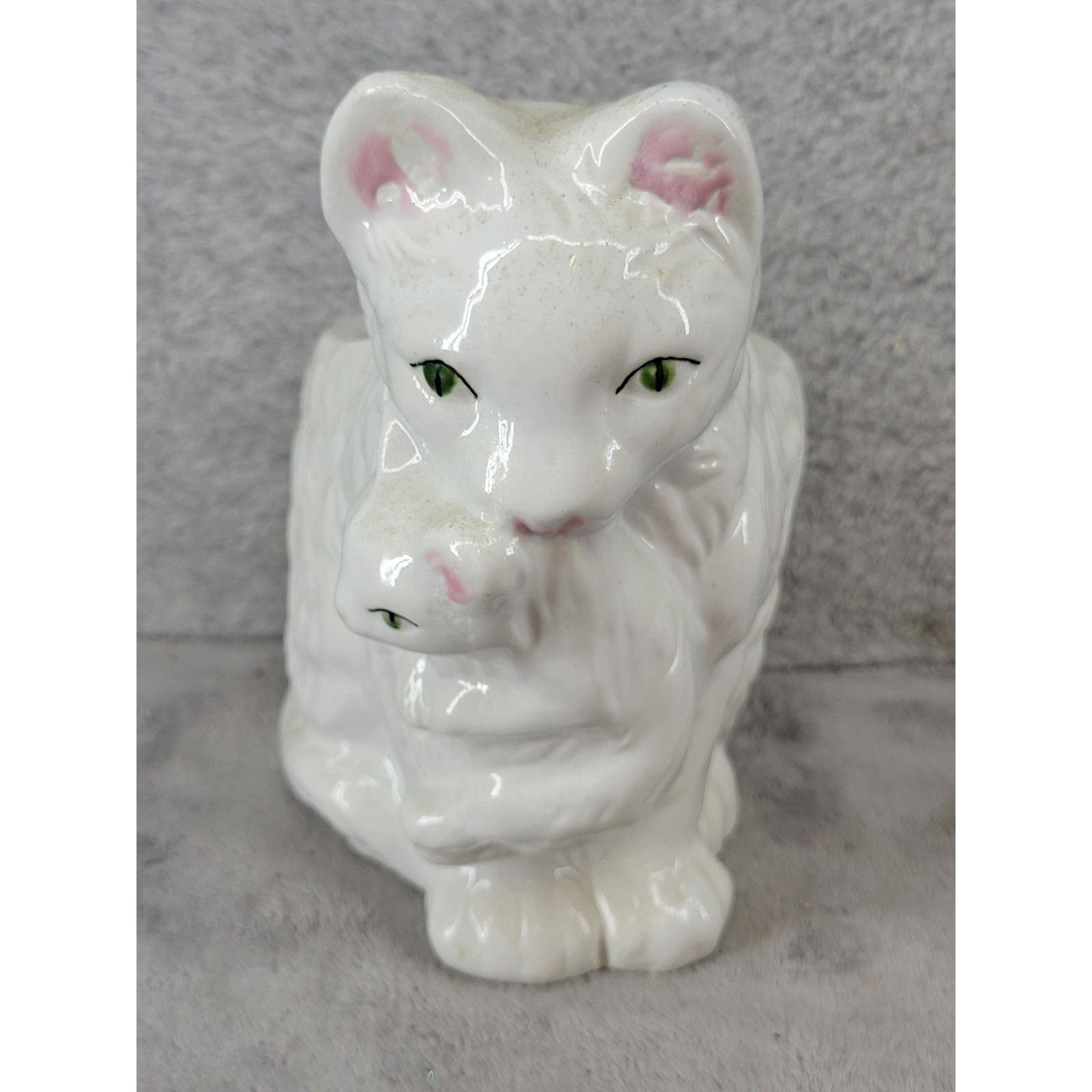 Vintage White Ceramic Cat and Kitten Figural Planter Vase 7 Inch Made in China