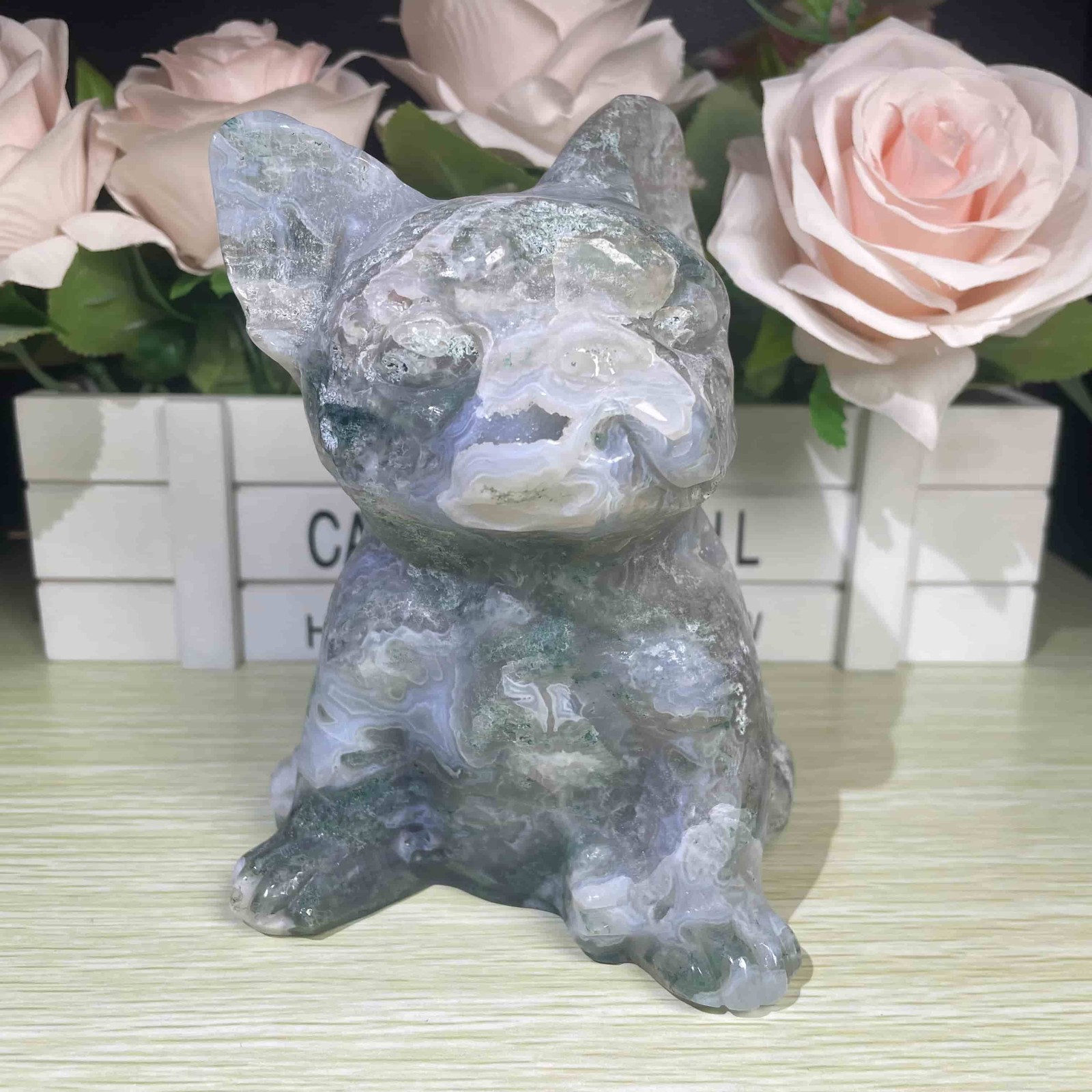 3.4LB 5.5\'\' Natural Moss Agate Dog Cross Ornament Quartz Crystal