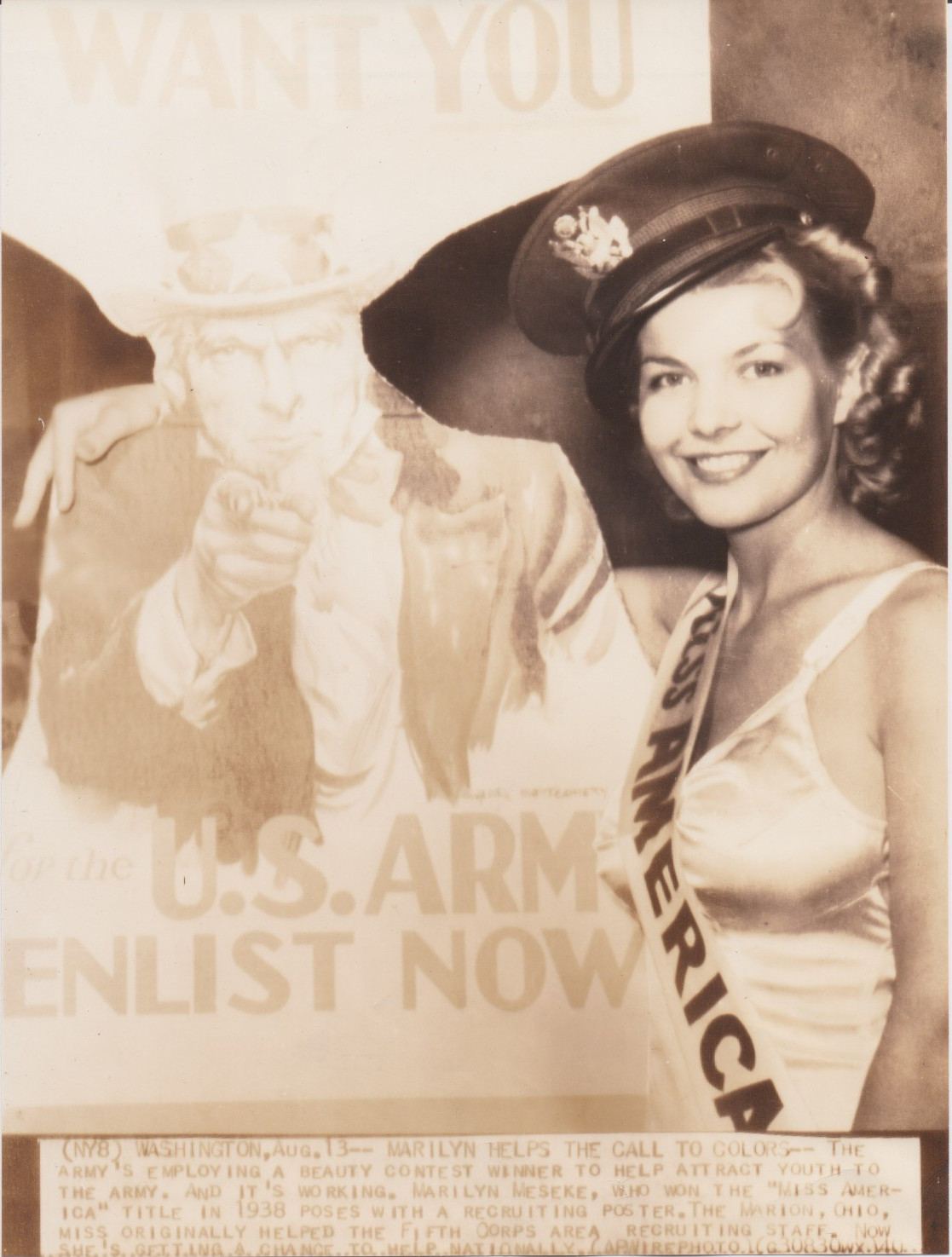 1940 Press Photo 1938 Miss America Marilyn Meseke helps U.S. Army Recruiting WW2