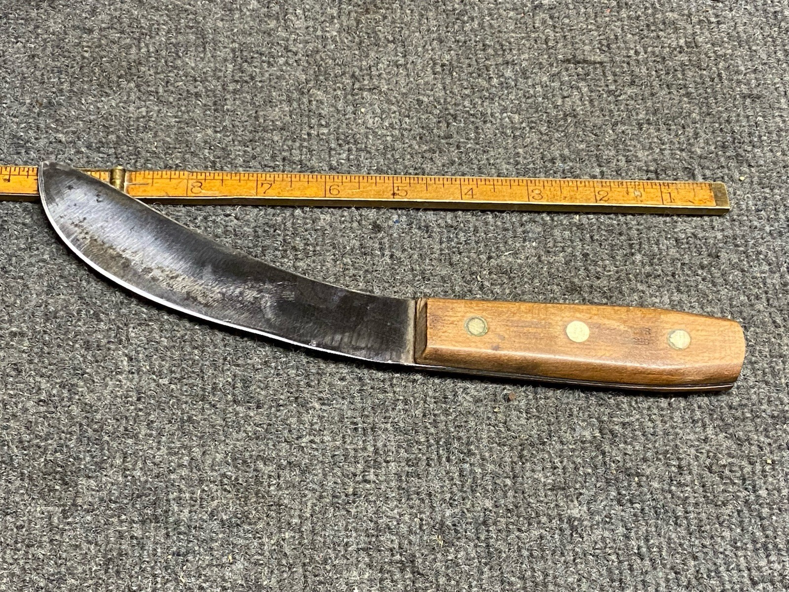 Vintage Skinning Knife 6” Wooden Handle Brass Pins Hammer Forged USA 