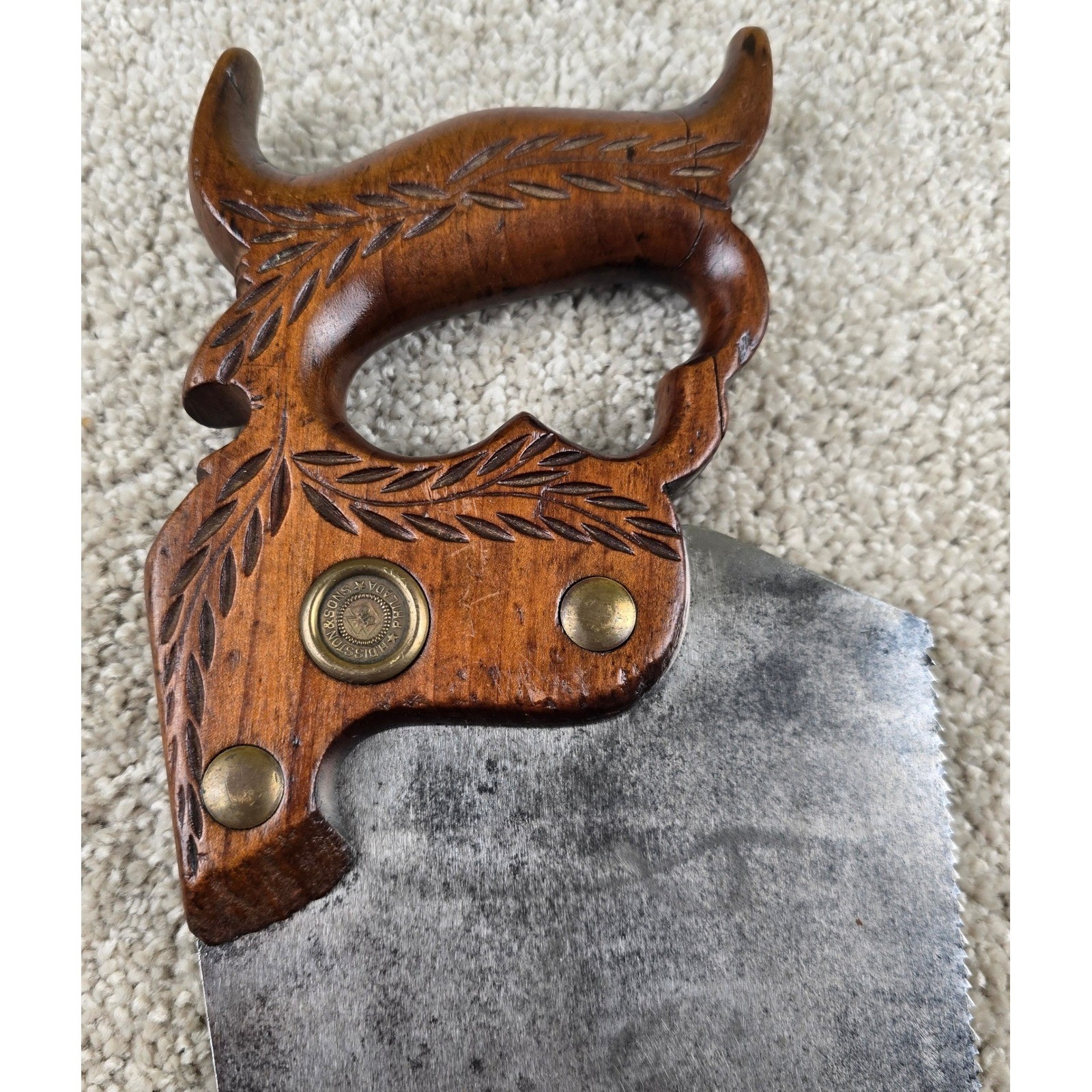Vintage Disston & Sons Hand Saw Wheat Carved Handle Brass Medallion Antique Tool