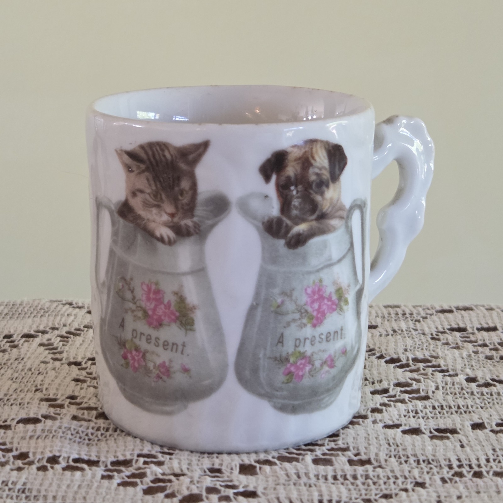 Vintage A Present Small Porcelain Mug with Pug Dog Puppy & Kitty Cat Germany
