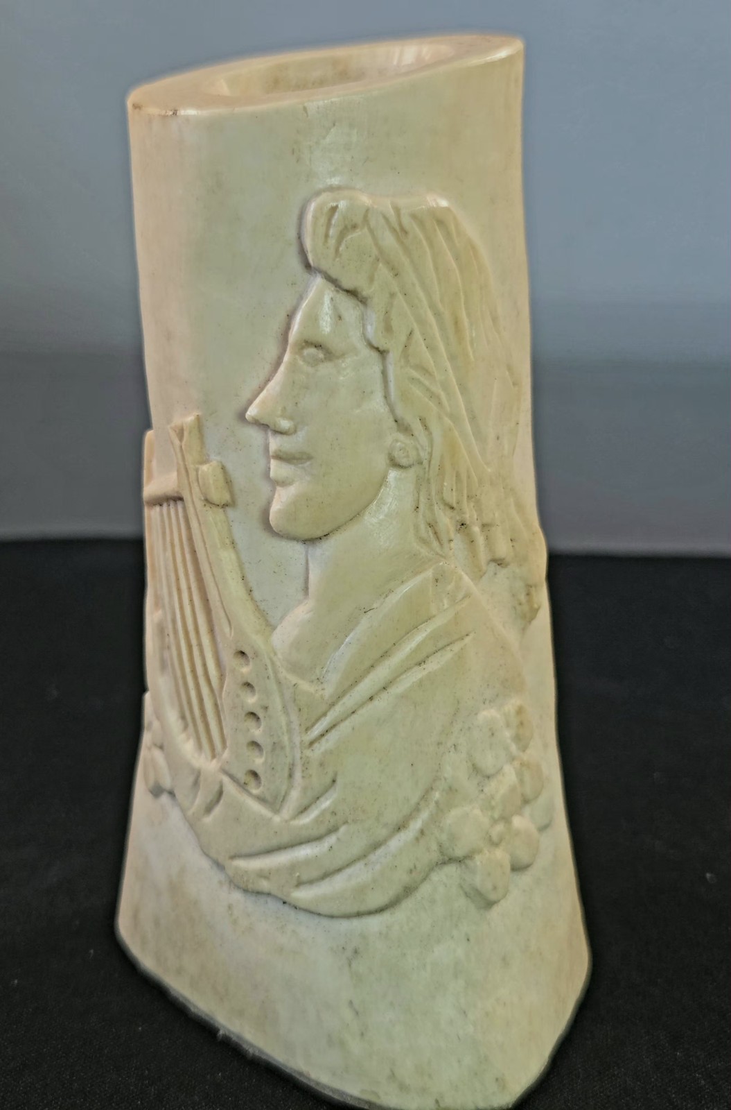 Vintage Hand Carved Lyre Look Woman Playing Harp Floral Vase Signed 4.25\