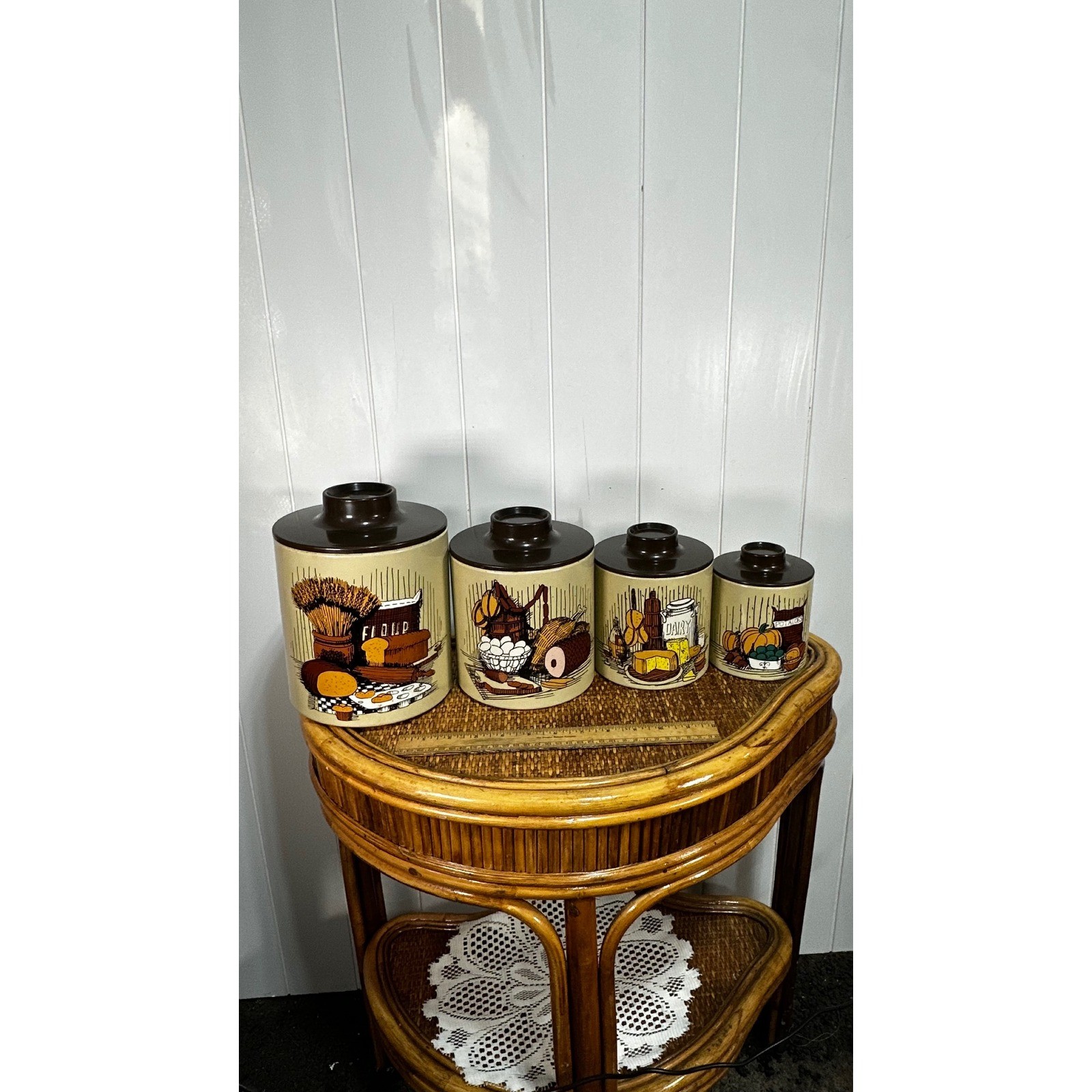 Ransburg Vintage 70s Metal Kitchen Canister Set of 3 Cream Brown