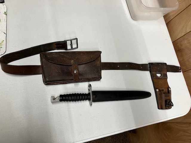 Vintage Swiss Army M1957 Bayonet and Leather Ammo Belt