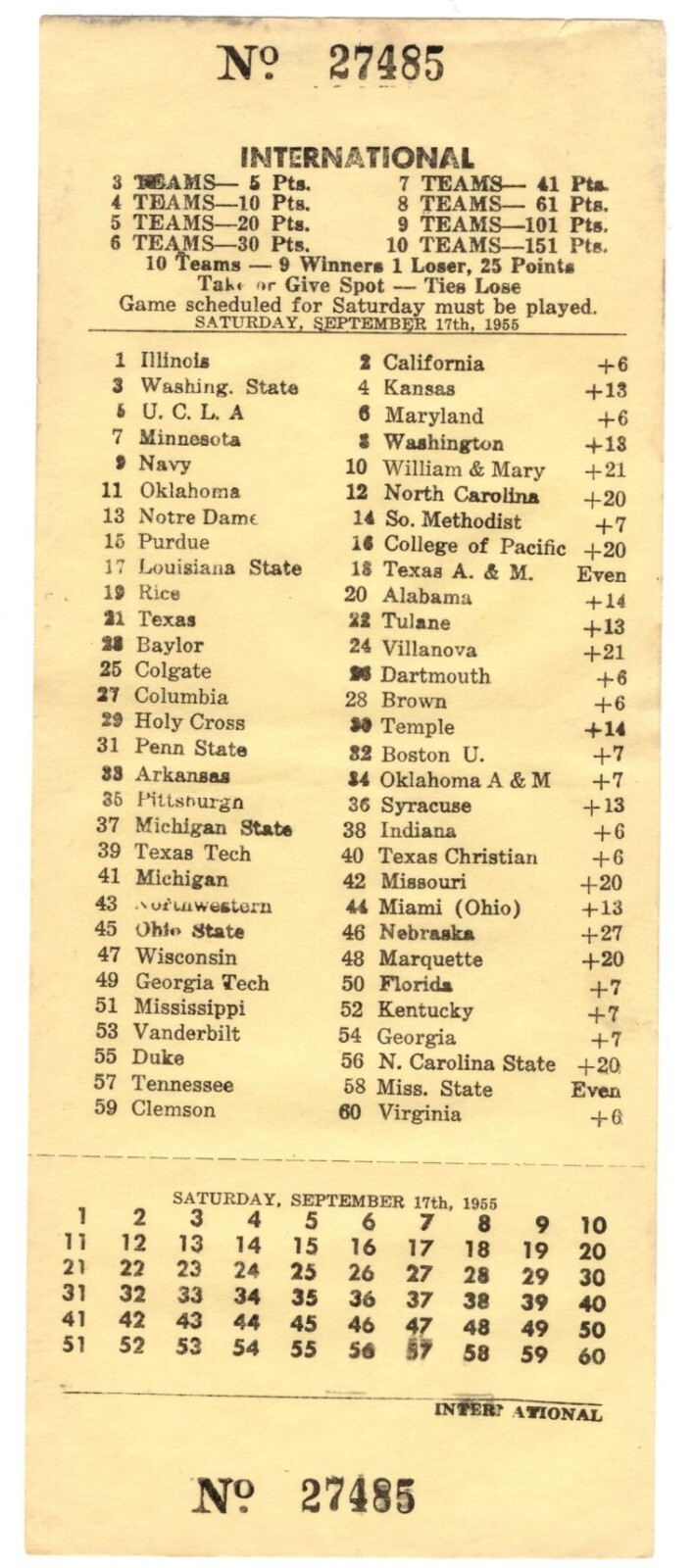 Vintage Sept. 17th 1955  NCAA Football Betting Slip unused