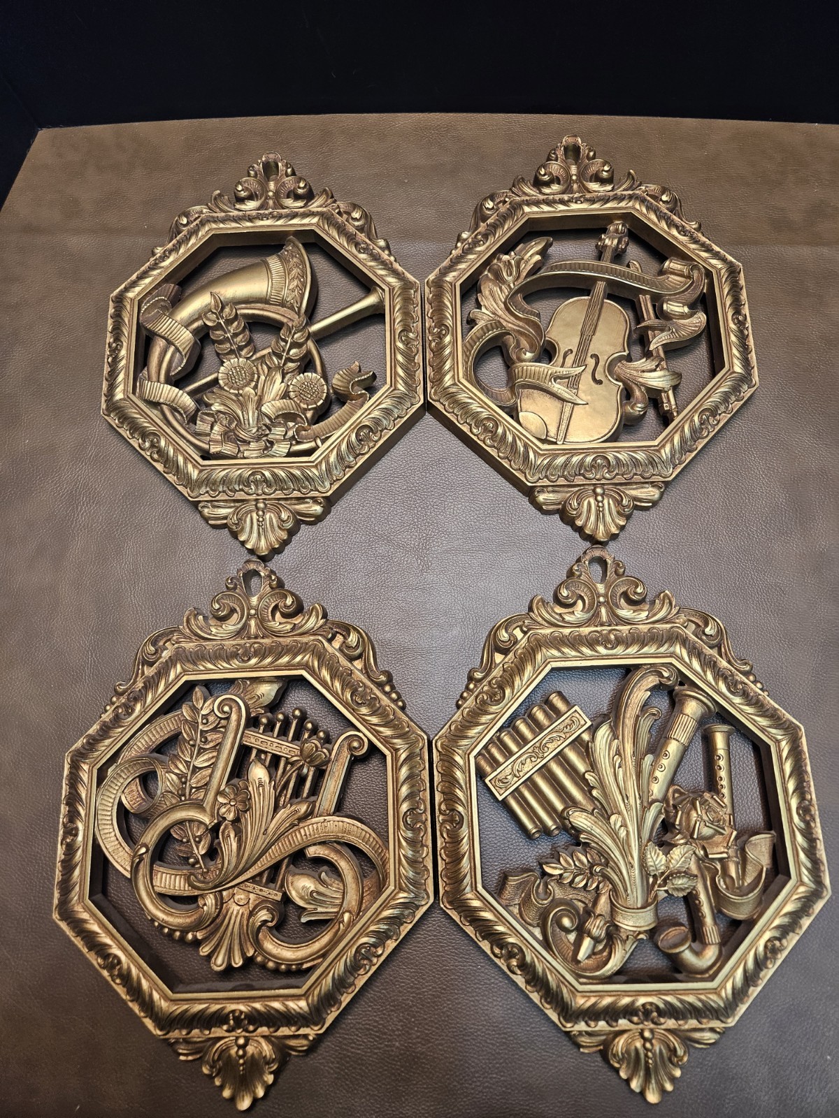 Vintage Homco Musical Wall Plaques Hanging Instruments Gold Tone Set of 4 Marked
