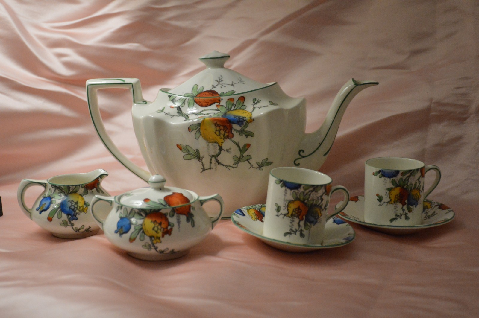 Crown Ducal Art Deco Pomegranate Tea Set 3 Pc With 2 Coffee Can Cups  1920\'s