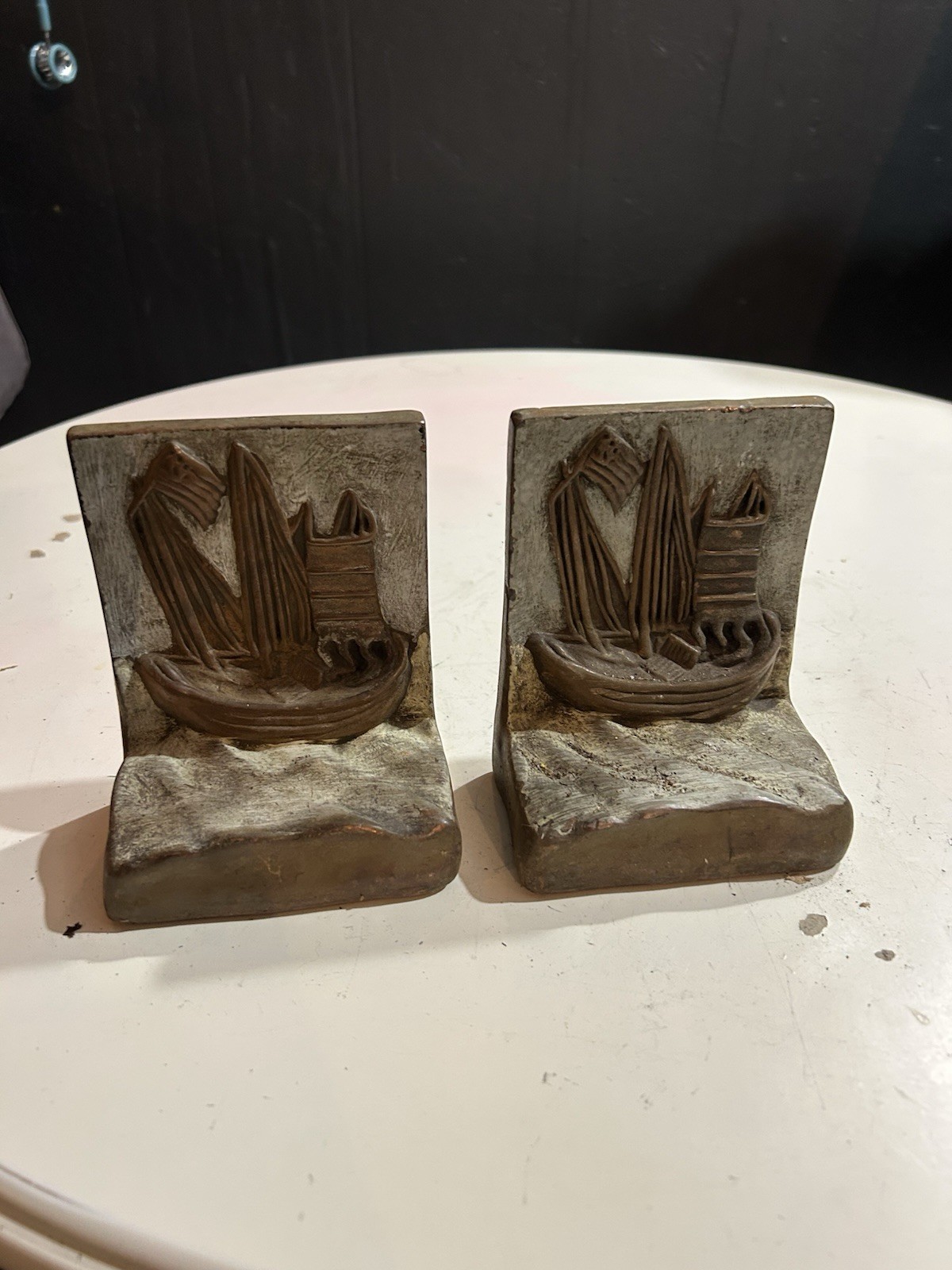 Vintage Antique Chinese Ship Amoy 1920s Pompeian Bronze Bookends