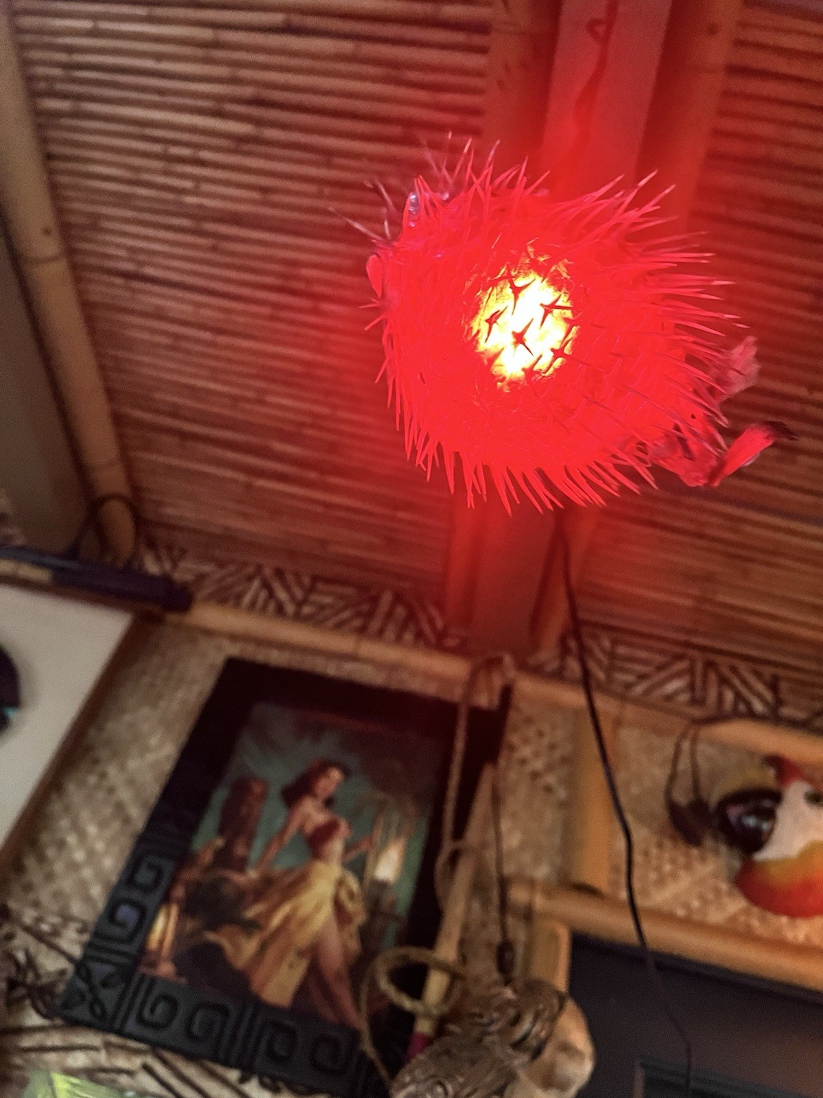 NEW 8”-9” Pufferfish Lamp w/Red LED Tiki bar Smokin Tikis Oceanic