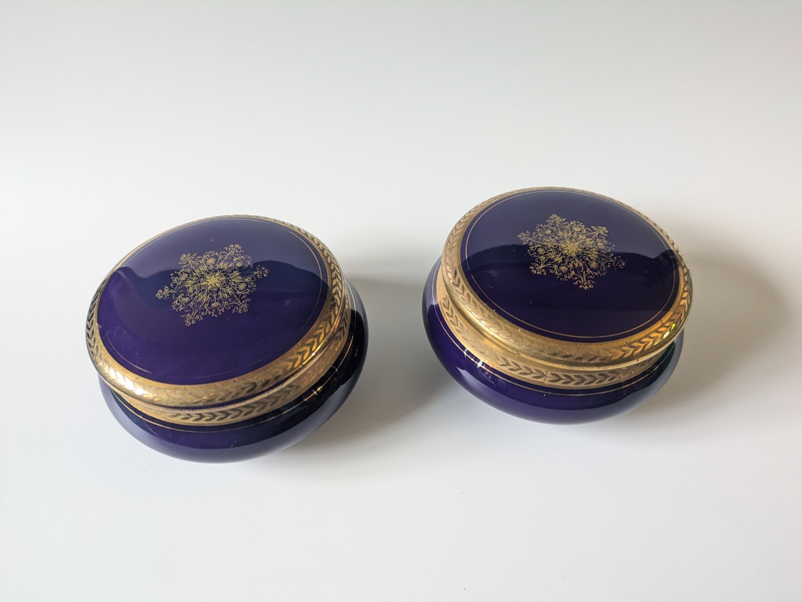 2 x Vintage Limoges Blue and Gold Lidded Trinket Boxes Round AP Limoges 