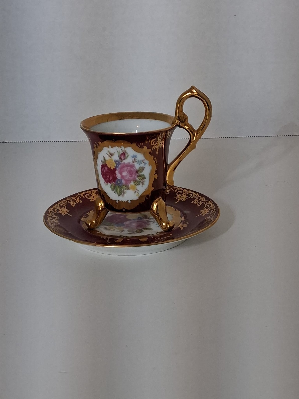 Ohashi China 1932 Demitasse Cup Saucer Set Maroon Burgundy Gold Footed Floral