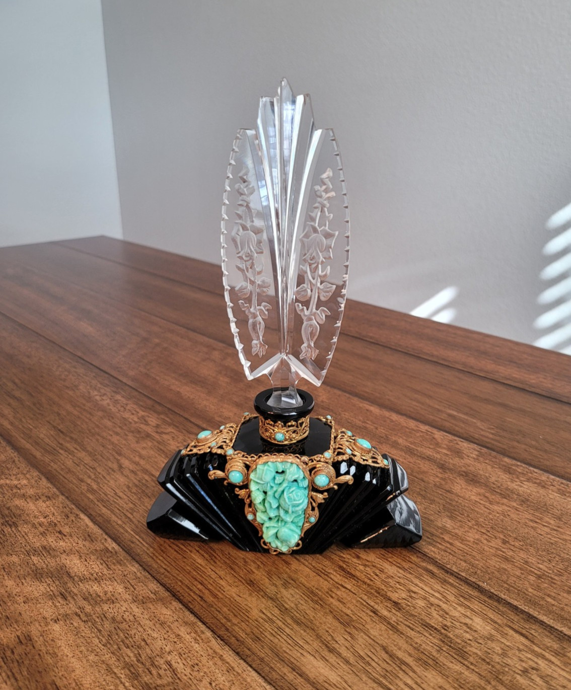 Rare Vintage Czech Heinrich Hoffmann Jeweled Gilt Filigree Black Perfume Bottle