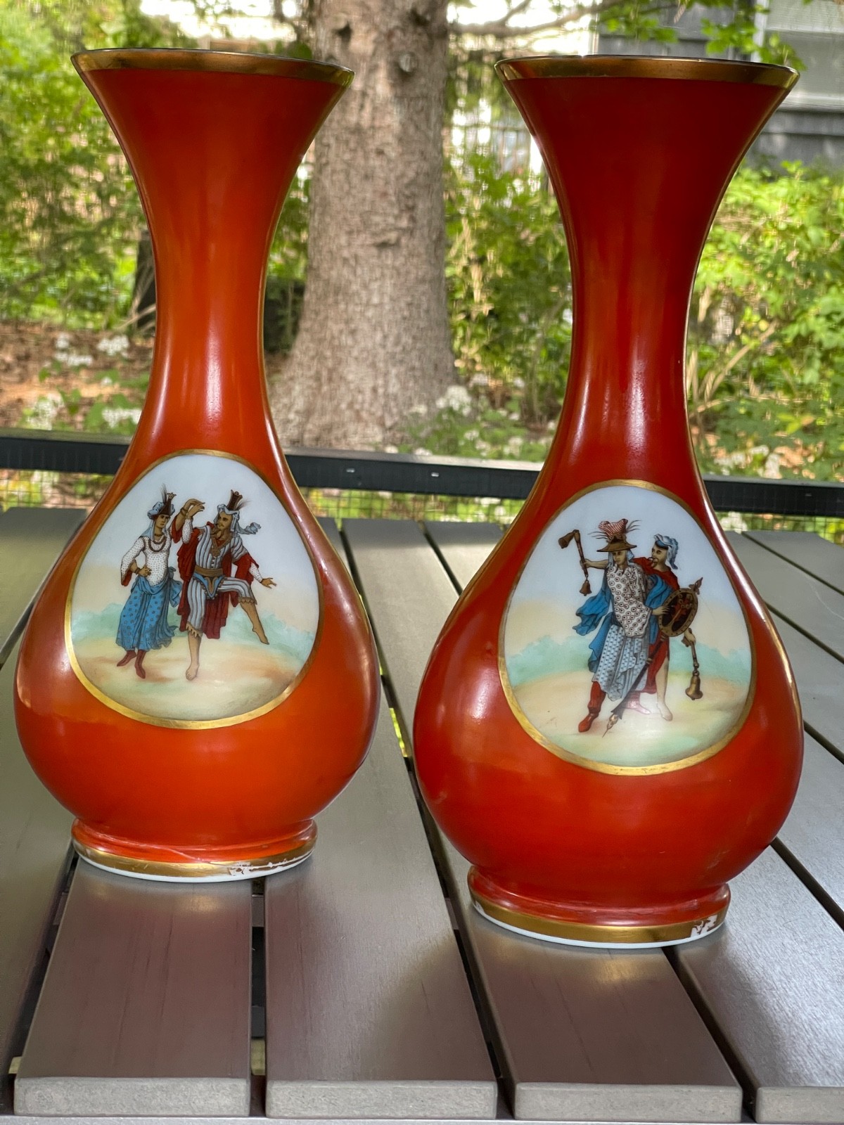 Pair Antique Mid 1860s Hand Painted Russian 15” Burnt Orange Opaline Glass Vases