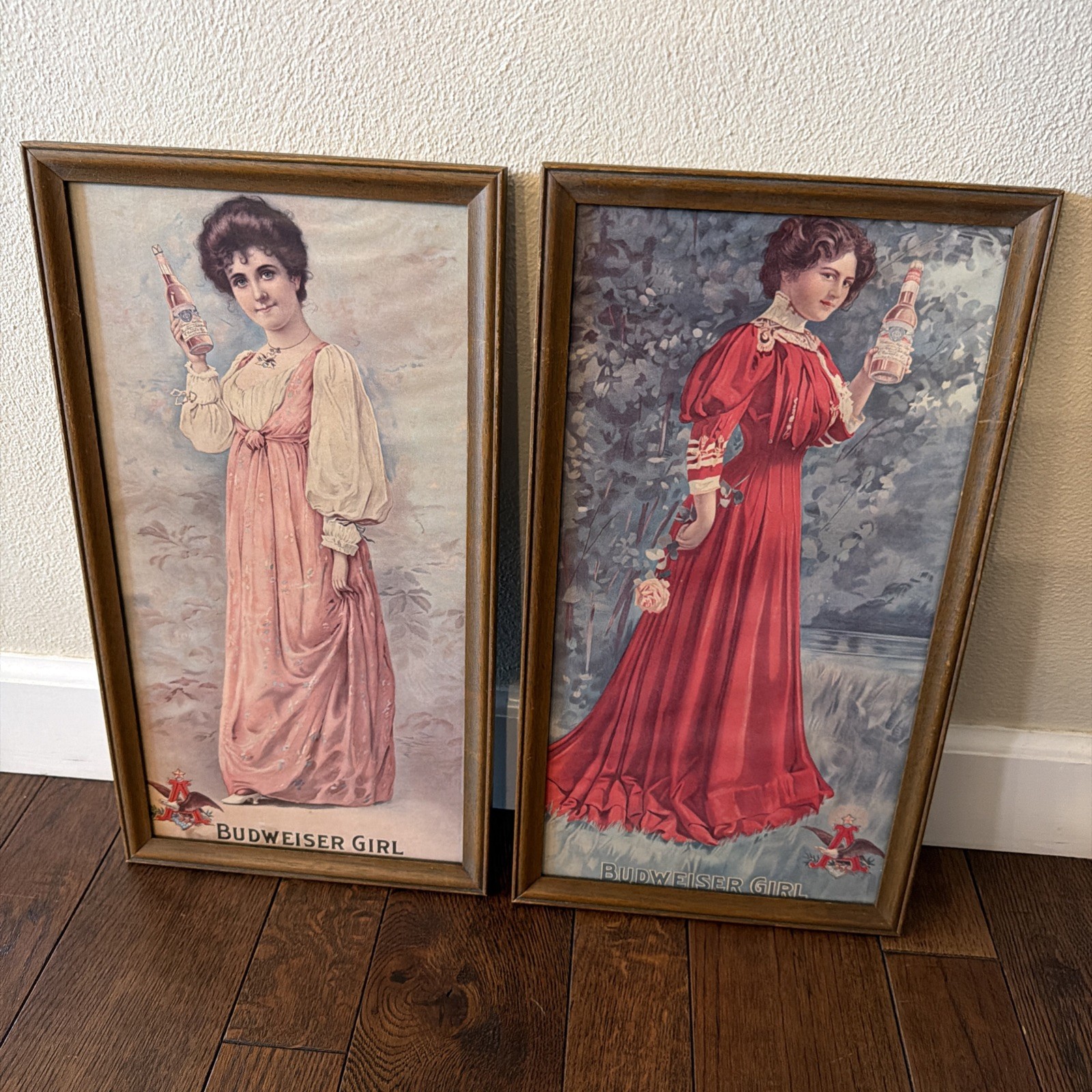 Pairof 1907 Anheuser-Busch Budweiser Beer Girl Wood Signs American