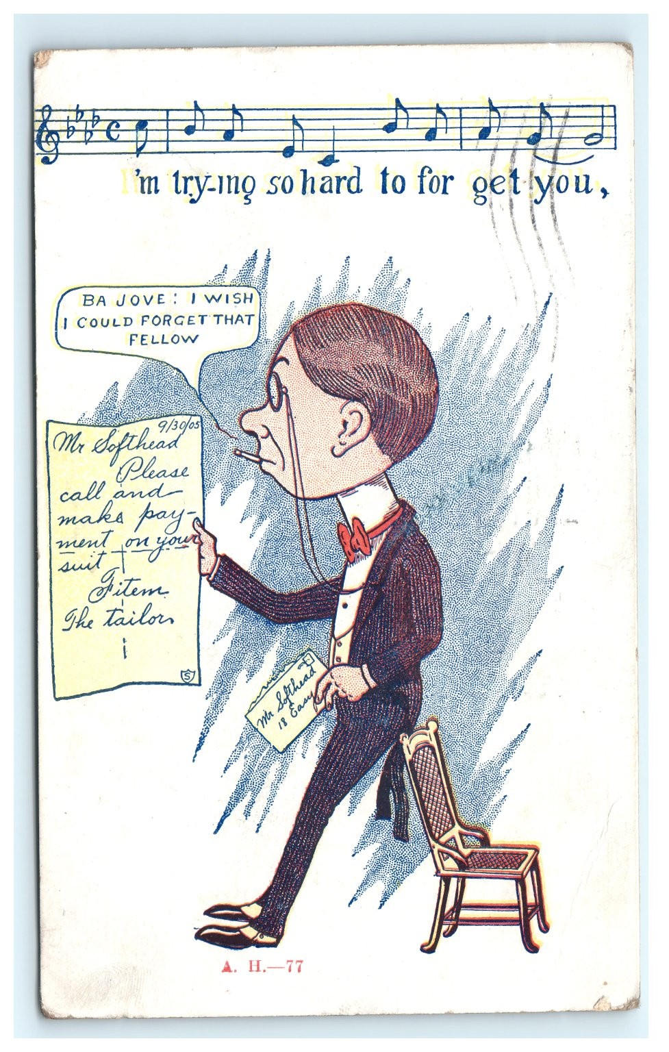 1905 Mr. Softhead Tailor Debt Humorous Music Postcard Sheboygan WI