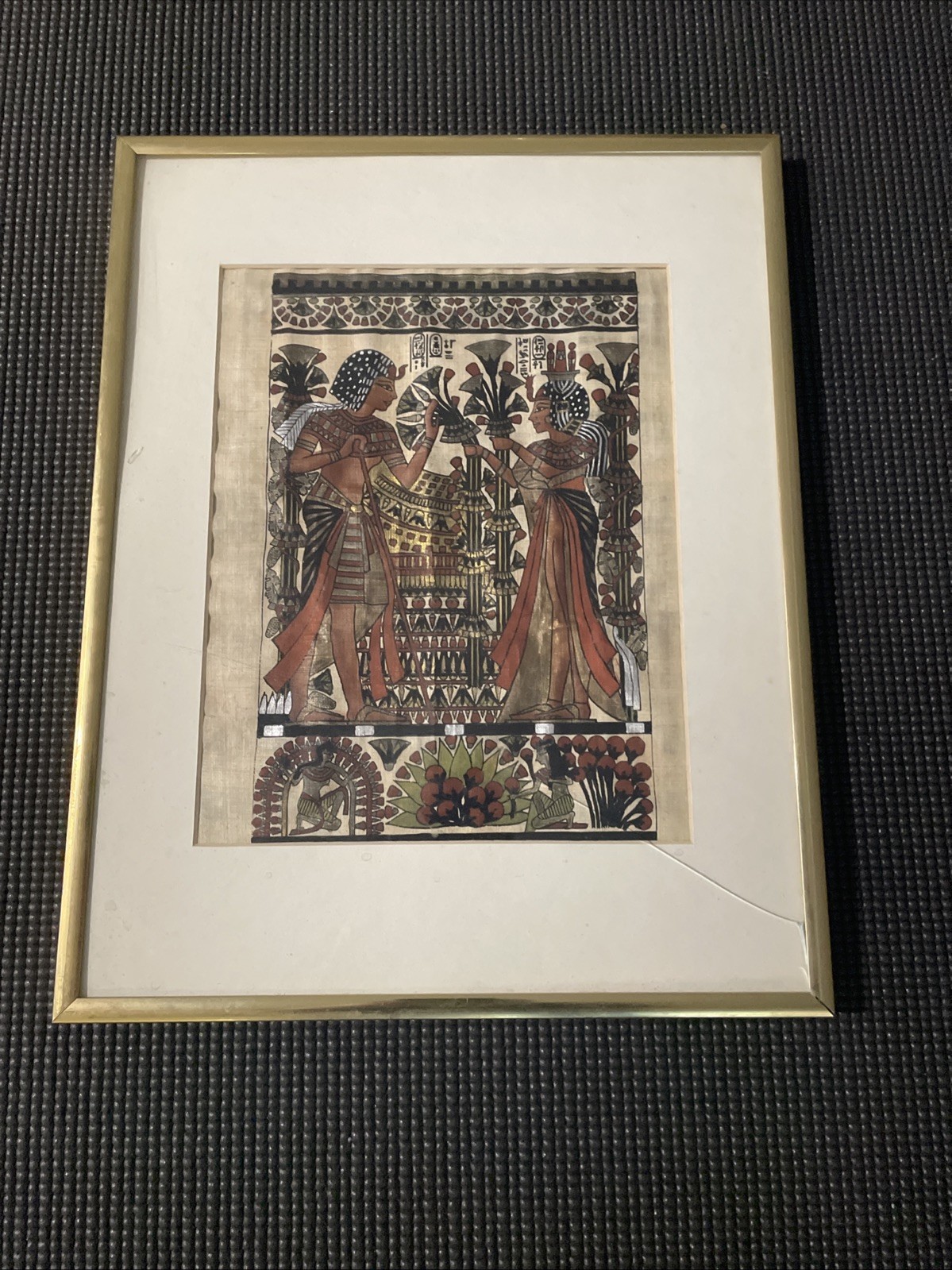 Authentic Hand Painted Ancient Egyptian Papyrus Replica From Temple walls Framed