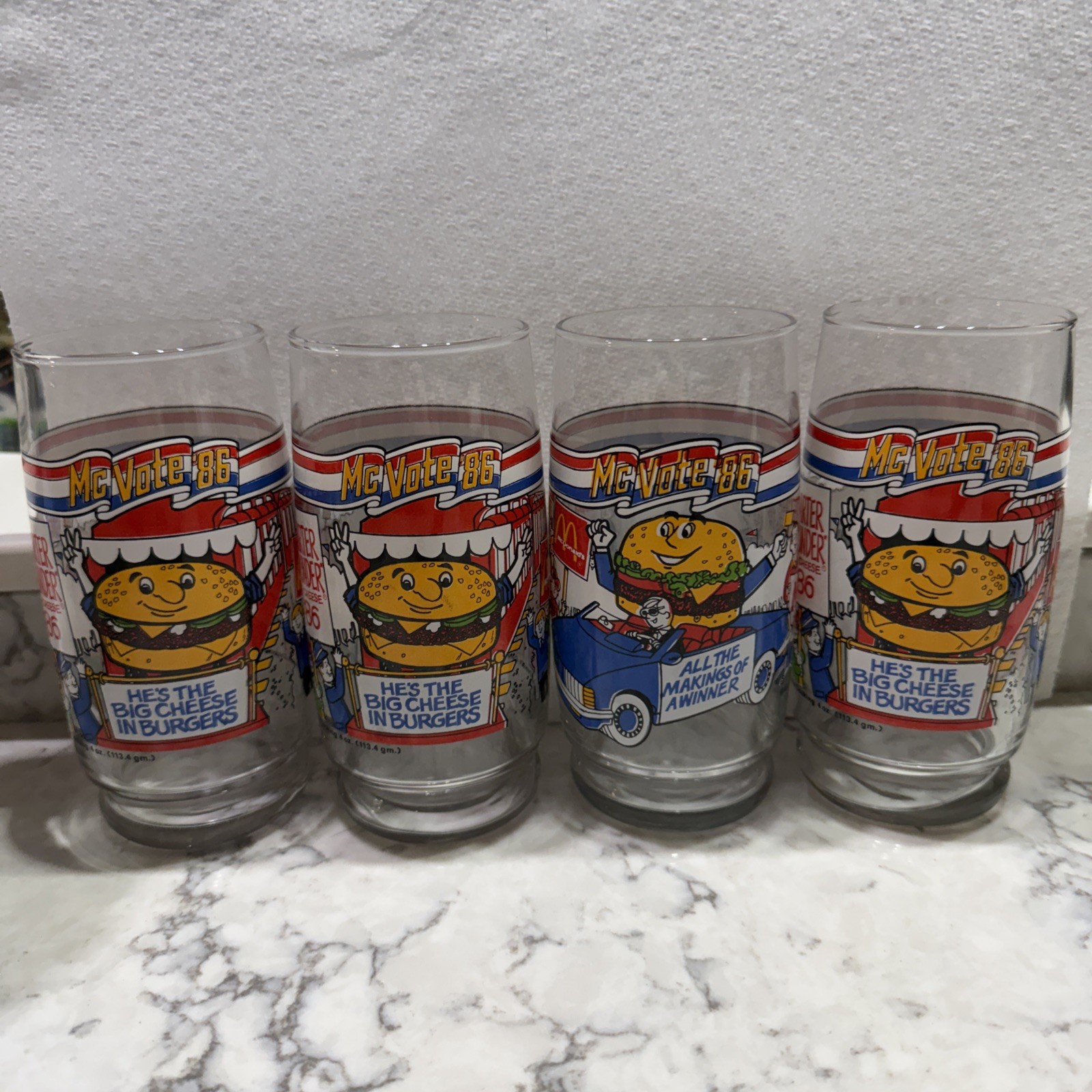 LOT OF 4 Vintage McDonald’s 1986 McVote Glasses DLT QUARTER POUNDER BIG MAC