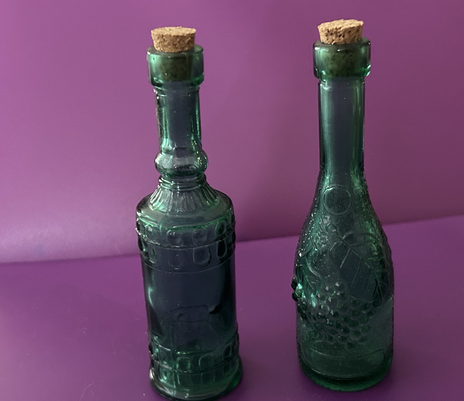 Vintage Pair of 2 Emerald Green Pressed Glass Miniature Bottles with Corks 