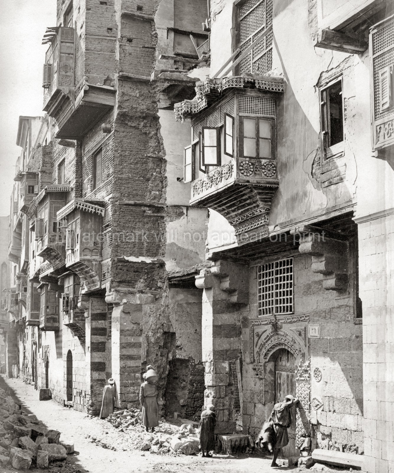 Old Cairo Egypt Street Scene Architecture Mashrabiya Buildings Vtg. Photo 19thC.