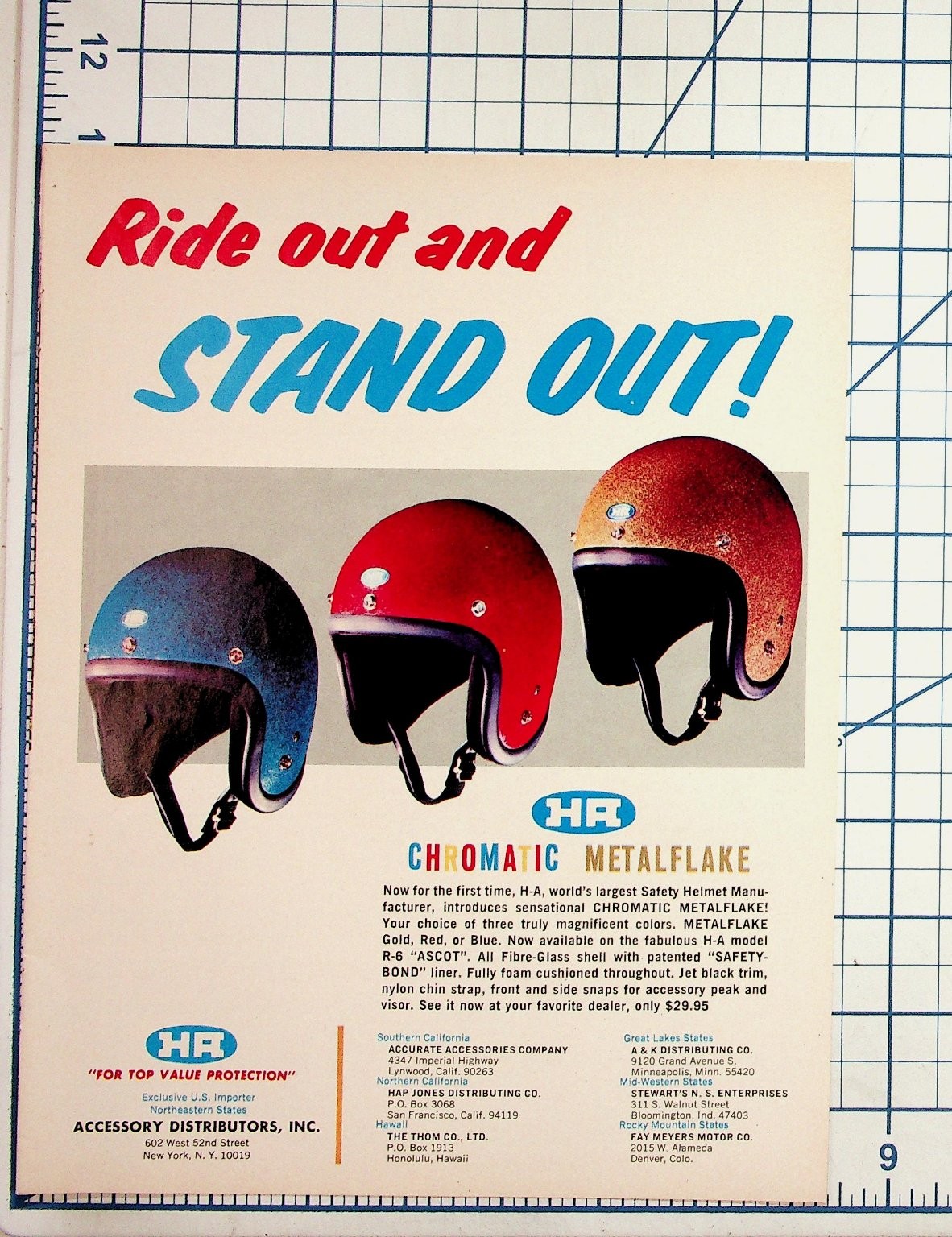 Vintage H-A Chromatic Metalflake Helmet Ad Ephemera Motorcycle Safety