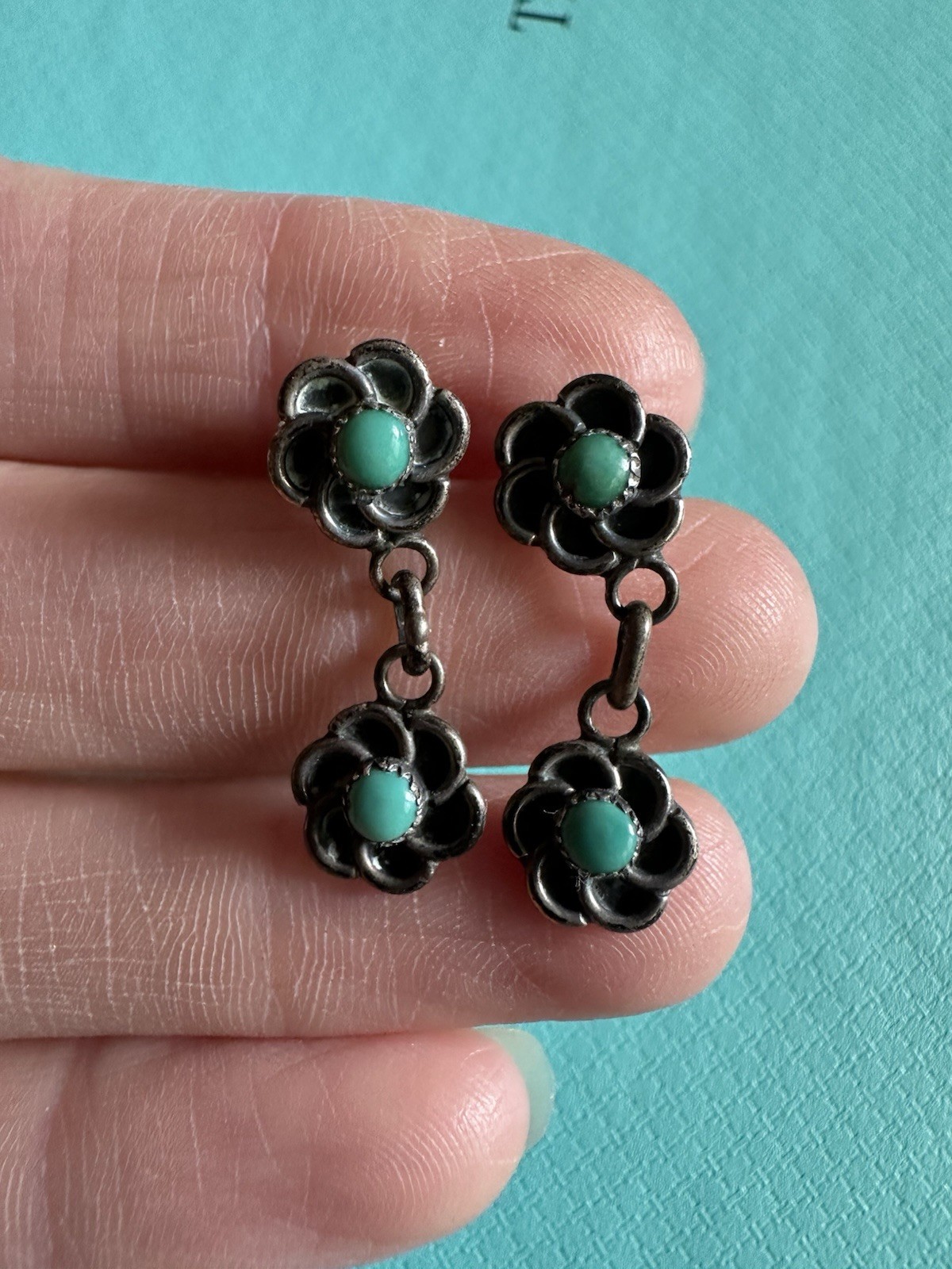 Vintage Old Pawn Native Sterling And Turquoise Flower Dangles